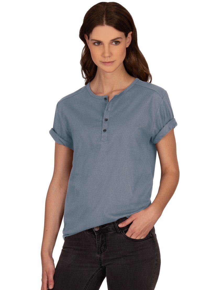 TRIGEMA Baumwolle steingrau-melange DELUXE mit Knopfleiste T-Shirt Trigema T-Shirt
