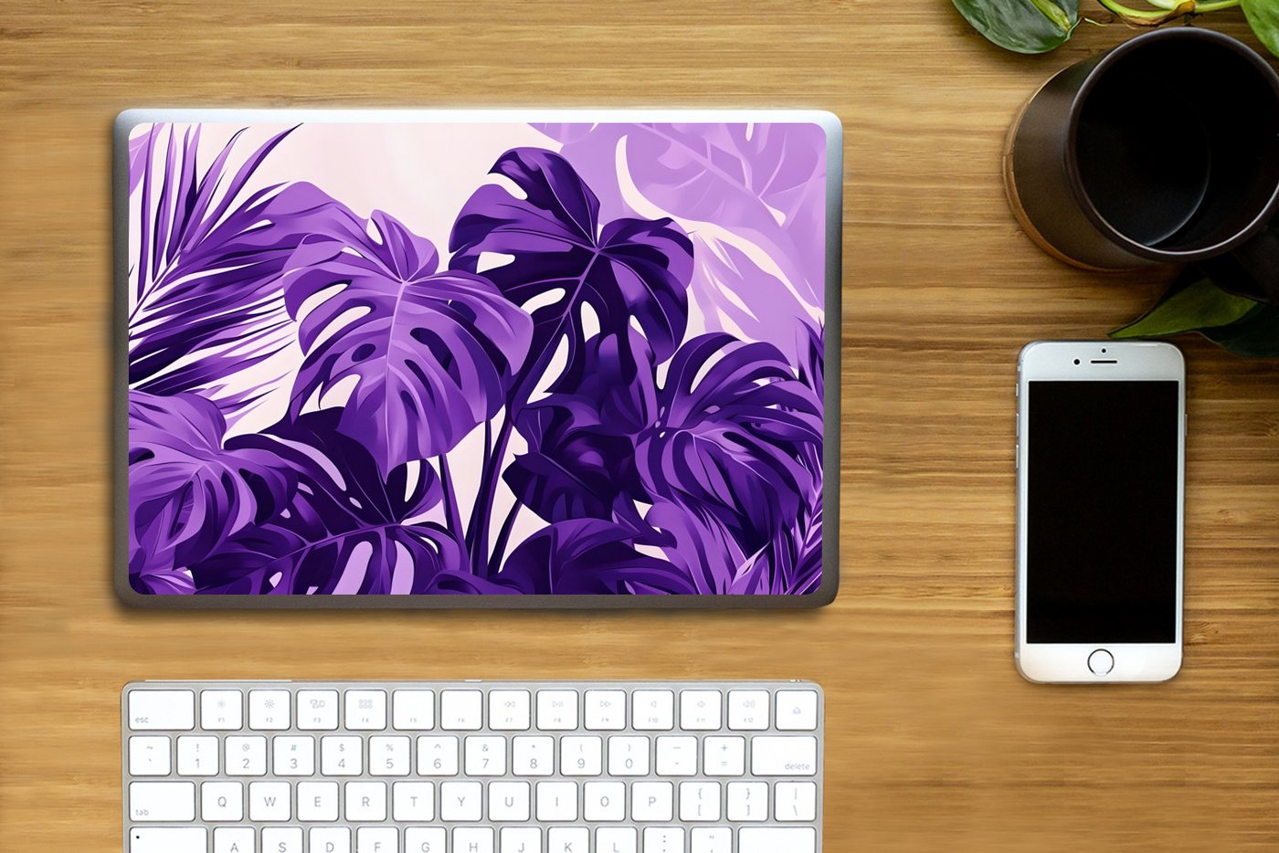 Thumbnail - MuchoWow Laptop-Aufkleber Blätter - Lila - Tropisch - Abstrakt, (1tlg), Laptop Folien Cover, Aufkleber, Sticker, Schutz ...