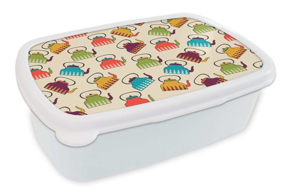 MuchoWow Lunchbox Design - Retro - Teekanne - Farben, Kunststoff, (2-tlg), Brotbox für Kinder und Erwachsene, Brotdose, für Jungs und Mädchen weiß