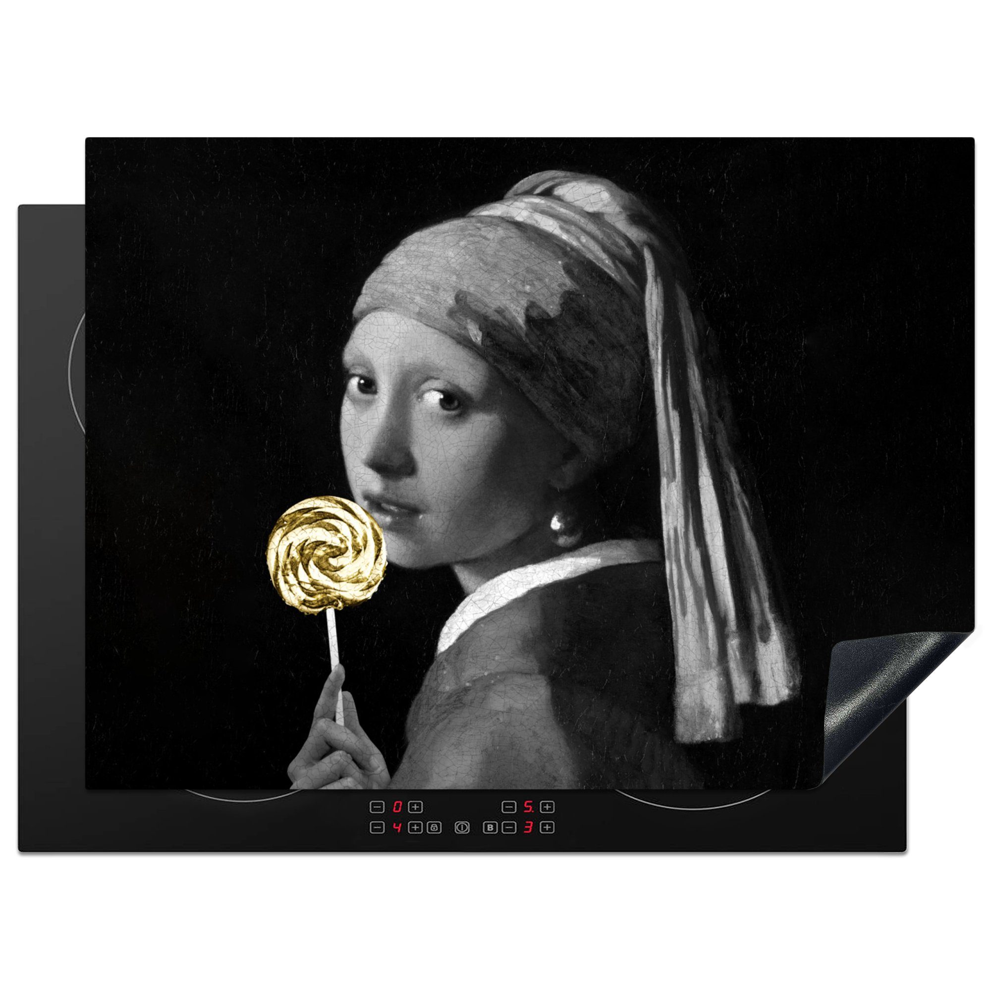 MuchoWow Herdblende-/Abdeckplatte Das Mädchen mit dem Perlenohrring - Johannes Vermeer - Süßigkeiten, Vinyl, (1 tlg), 71x52 cm, Induktionskochfeld Schutz für die küche, Ceranfeldabdeckung