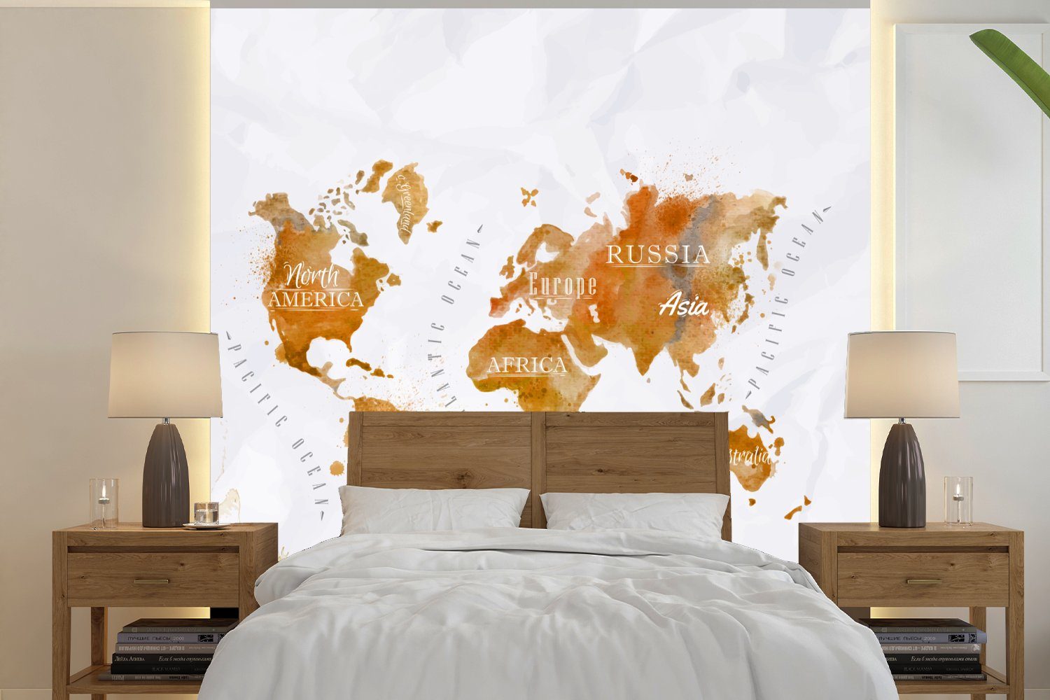 Weltkarten für Schlafzimmer Wohnzimmer Küche, Vliestapete Gold, - MuchoWow bedruckt, (4 St), Aquarell Matt, Fototapete Fototapete -