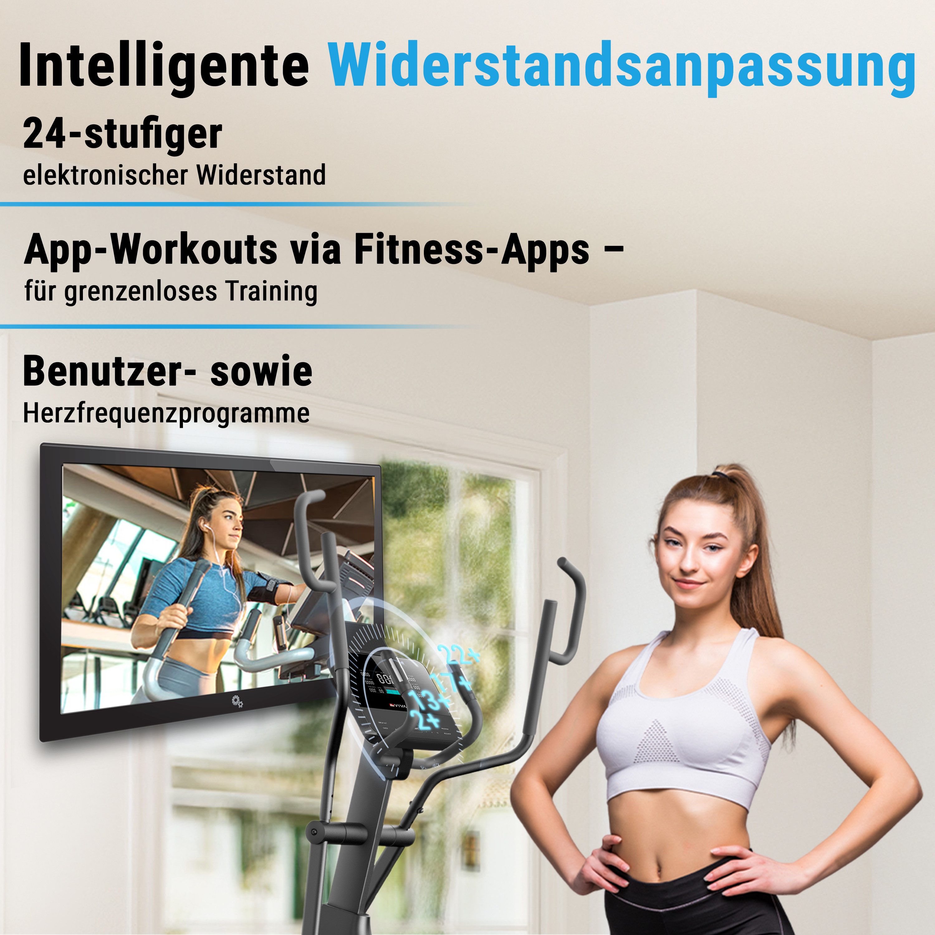 AsVIVA Crosstrainer E4 Pro Ellipsentrainer für Zuhause mit 24 kg Schwungmasse, Tablet- und Smartphonehalterung, Fitness-App-kompatibel
