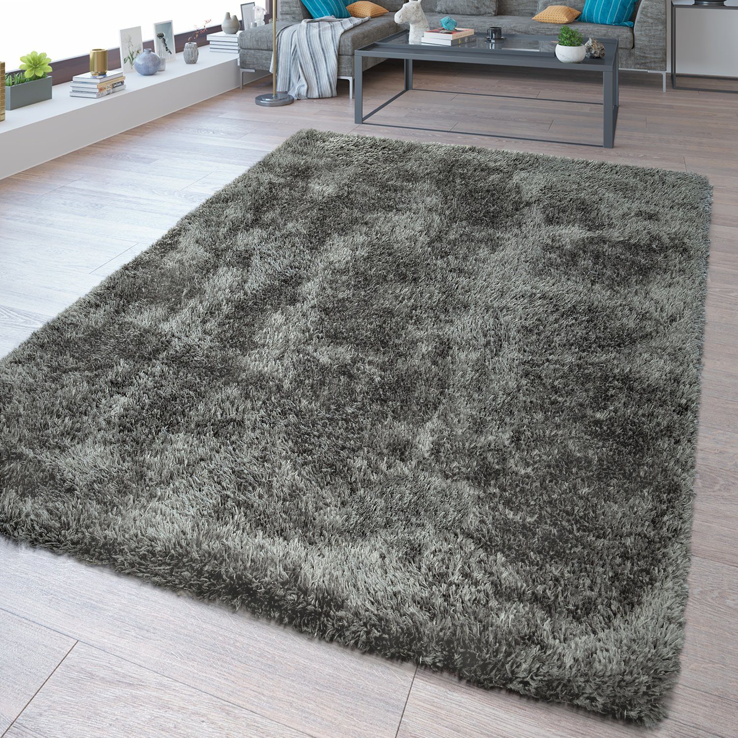 Hochflor-Teppich Waschbarer Hochflor Teppich Shaggy Flokati Look In Uni Grau, TT Home, rechteckig, Höhe: 44 mm