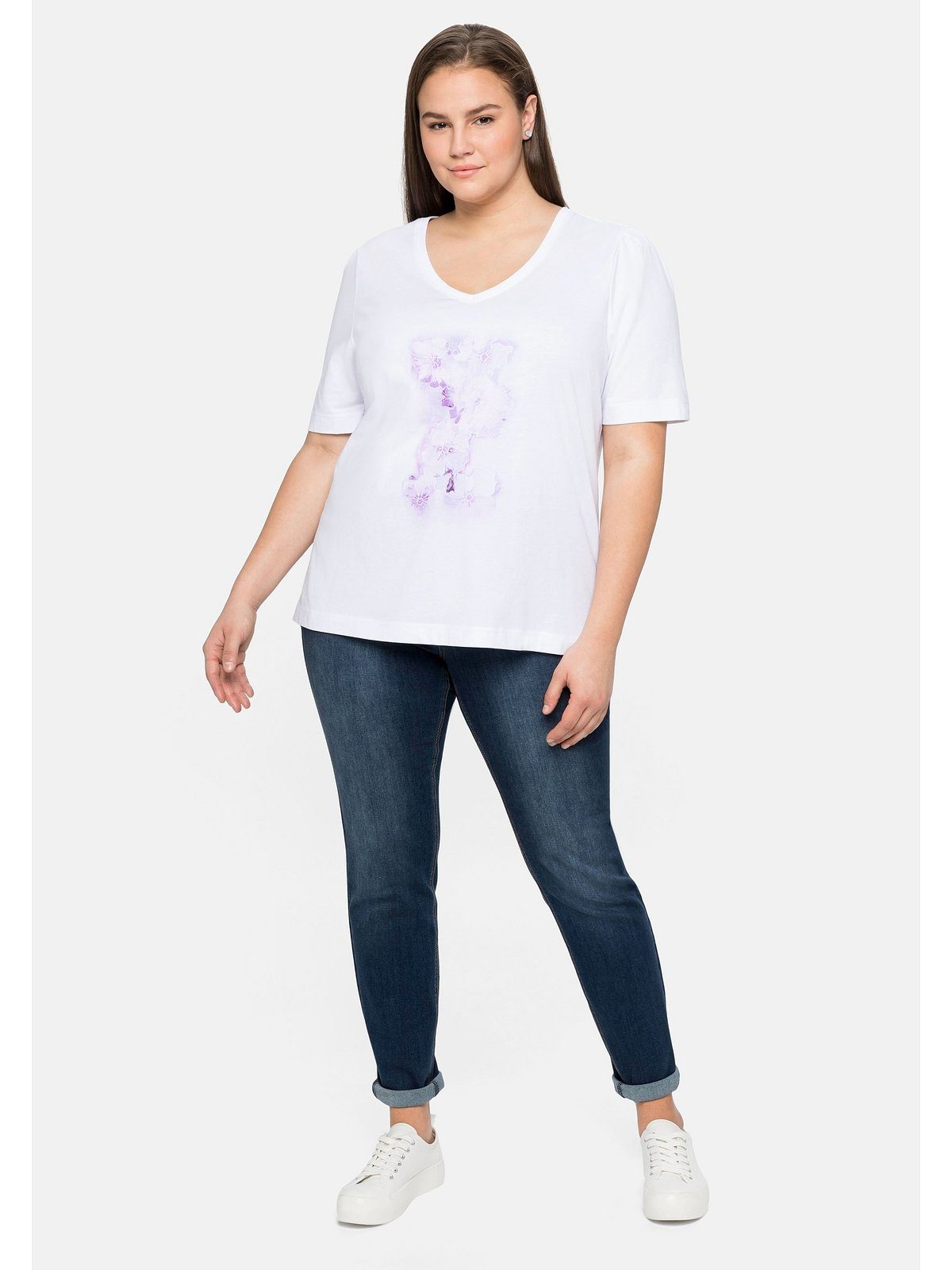 Sheego Große Frontdruck T-Shirt weiß Baumwolle aus mit Größen