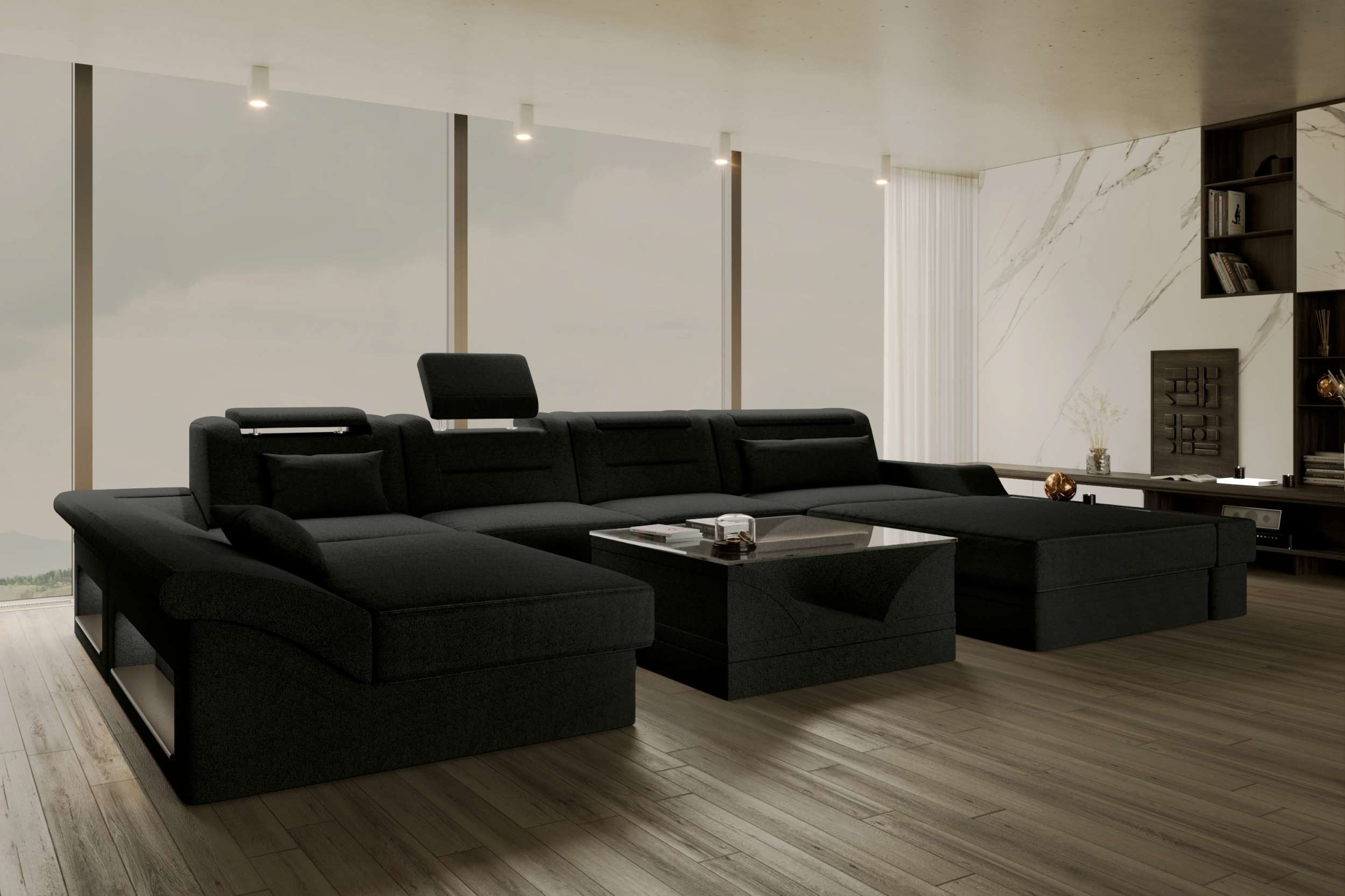 Sofa Dreams Wohnlandschaft Wohnlandschaft Monza U Form Stoffsofa, Wohnlandschaft, U-Form, Polster Couch in U-Form mit LED, 2 Zierkissen inklusive