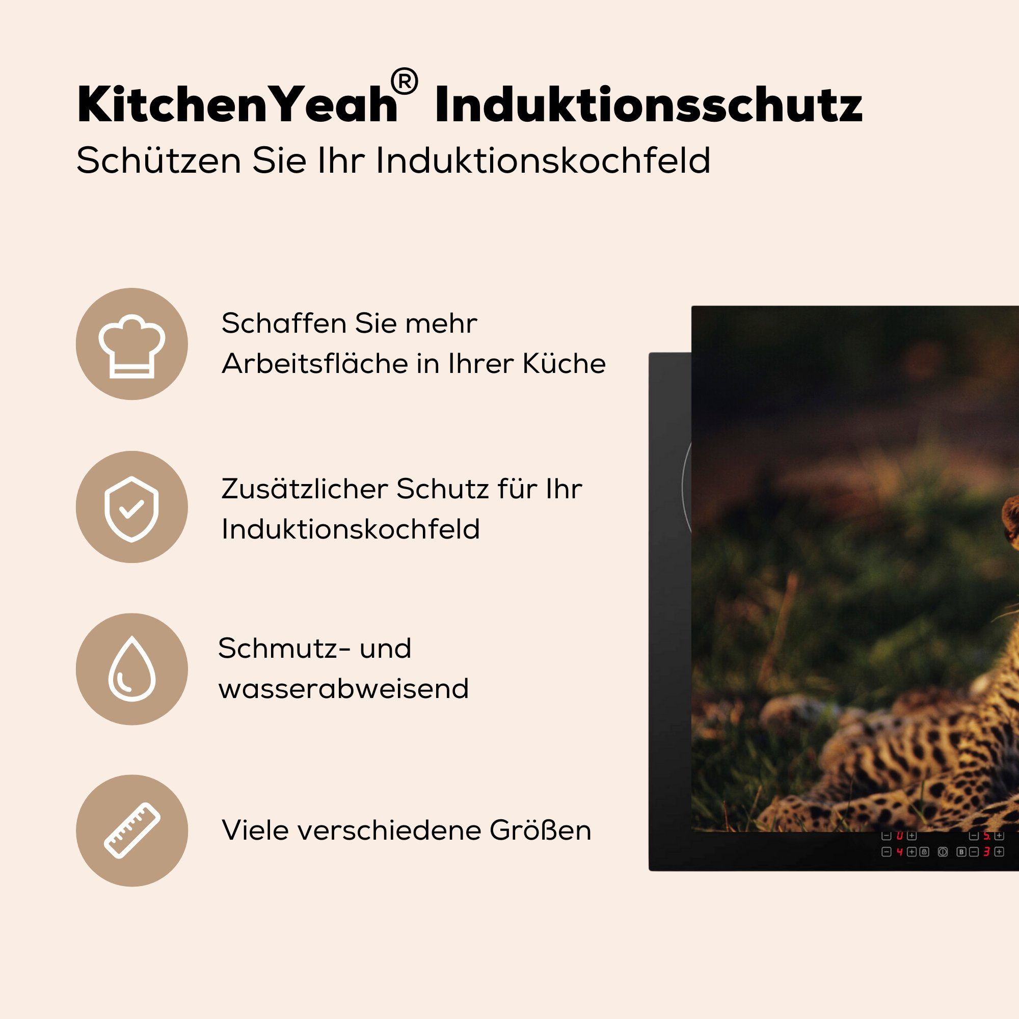 küche, tlg), Herdblende-/Abdeckplatte für Vinyl, die Savanne 81x52 - Leopard MuchoWow cm, Ceranfeldabdeckung Induktionskochfeld Jungtier, Schutz (1 -