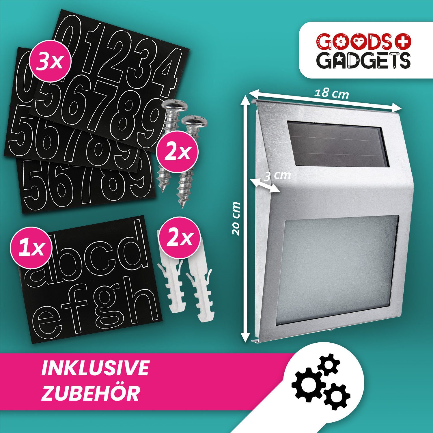 Goods+Gadgets Hausnummer Hausnummer Design Solar LED – Moderne Hausnummernleuchte für draußen, (Hausnummernleuchte, Haus Nummer mit LED Beleuchtung)