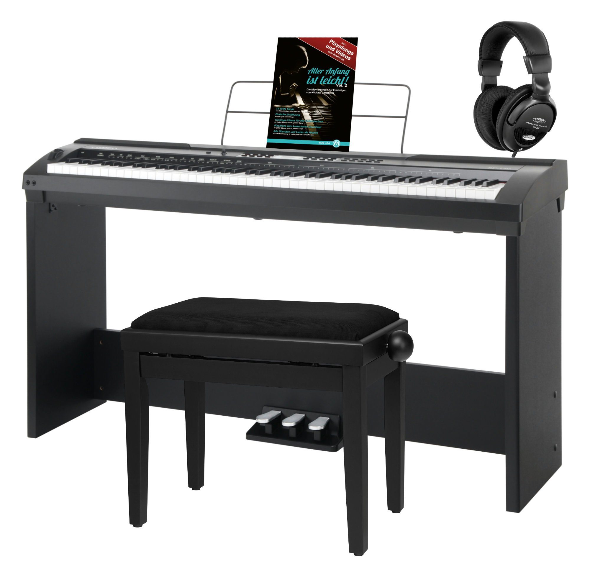 Classic Cantabile Stage-Piano SP-150 Stagepiano mit 88 Soft-Touch Tasten, (Home-Set, inkl. Unterbau, Pianobank, Kopfhörer & Schule), Klaviatur mit Splitfunktion, Lernmodus, USB-MIDI (In/Out)