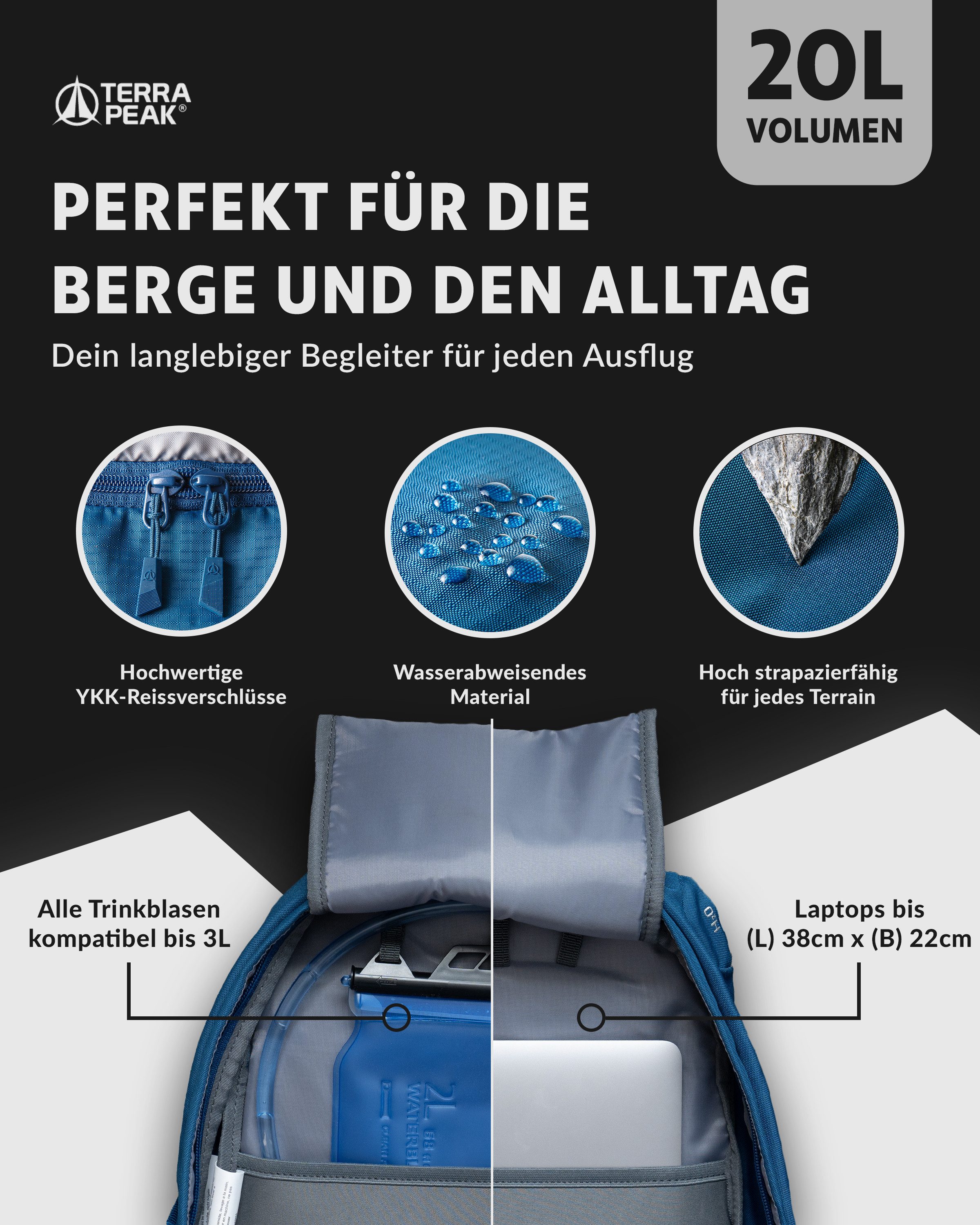Terra Peak Wanderrucksack Flex 20, 20L klein mit YKK Reißverschluss Trekkingrucksack mit Hüftgurt