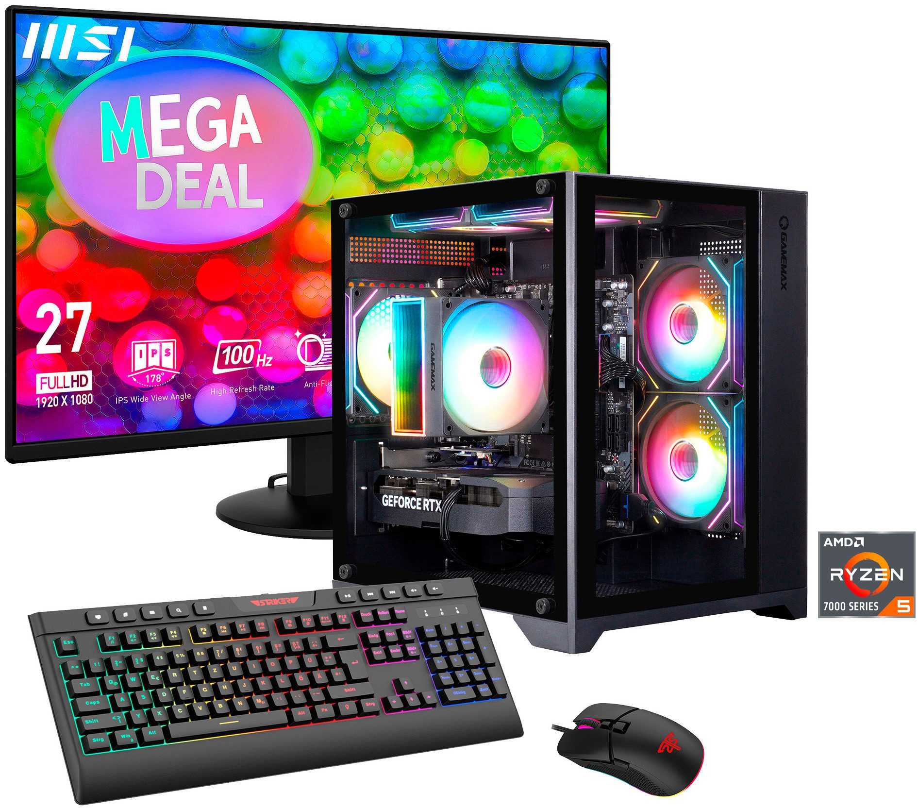 GAMEMAX MegaDeal Infinity Mini BK 2834 Ryzen 5 7500F 16GB 1TB SSD RTX 5060Ti Gaming-PC-Komplettsystem (27", AMD Ryzen 5 7500F, RTX 5060 Ti, 16 GB RAM, 1000 GB SSD, Windows 11, DDR5 RAM + MSI PRO MP272L LCD-Monitor, 68,6cm (27)
