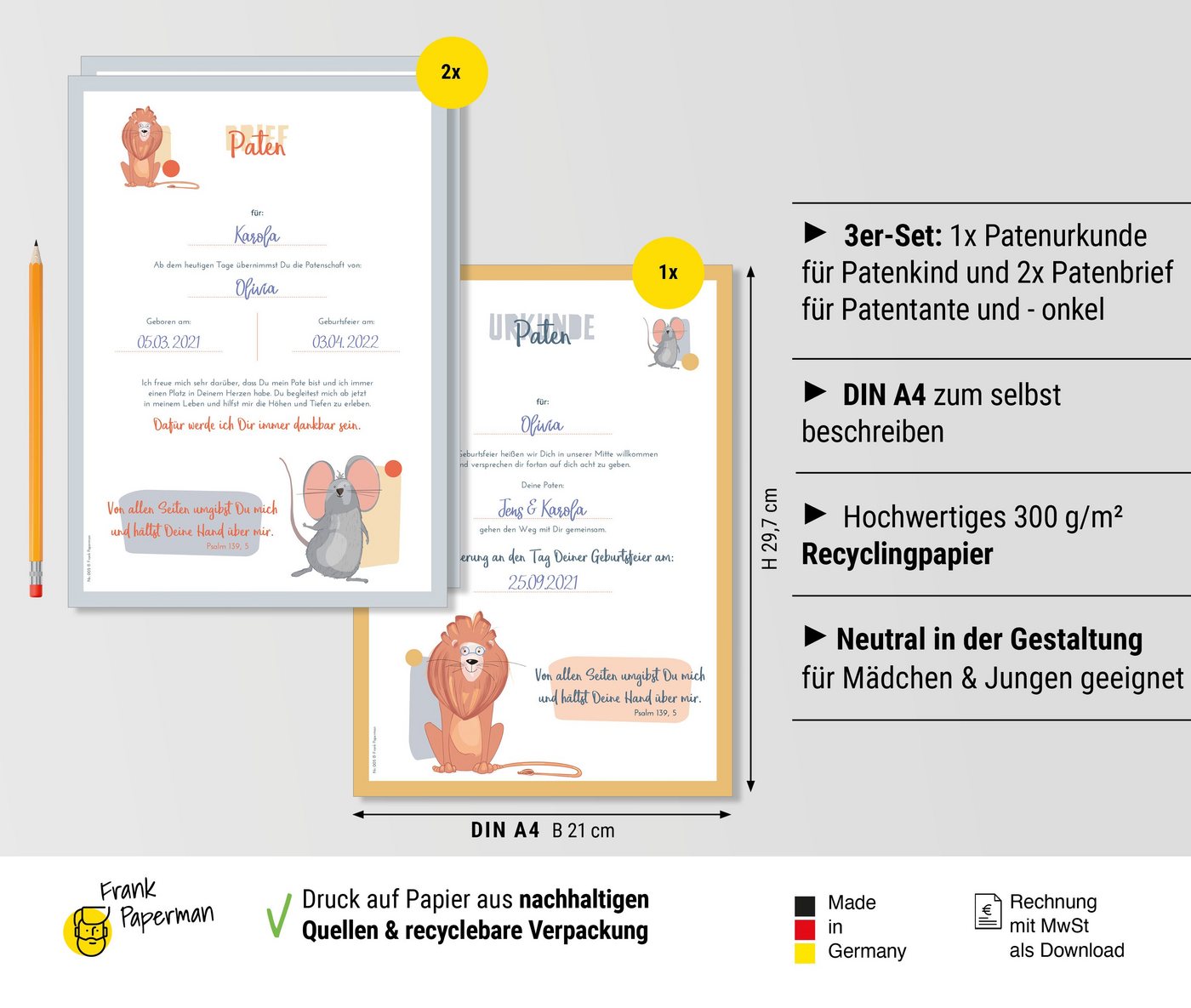 Thumbnail - Frank Paperman Taufkarte Patenbrief Taufpaten, Urkunden Set, Paten Patenkind, Taufe verspielt, 100% Recyclingpapier, Eri...