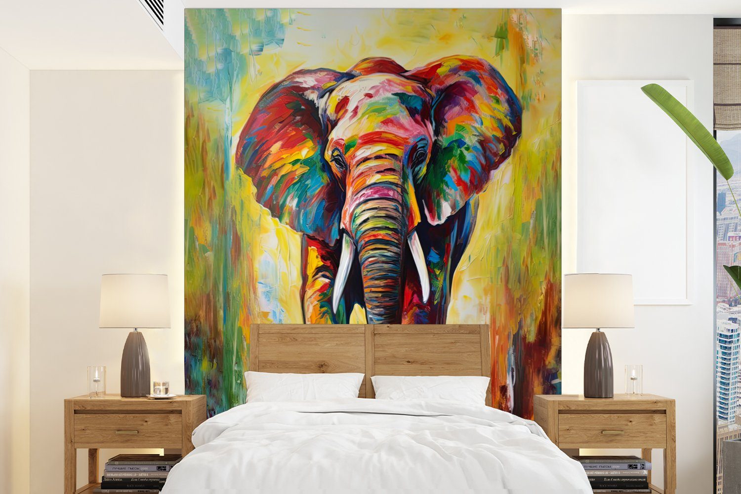 MuchoWow Fototapete Elefant - Kunst - Malerei - Tiere - Regenbogen, Matt, bedruckt, (4 St), Montagefertig Vinyl Tapete für Wohnzimmer, Wandtapete