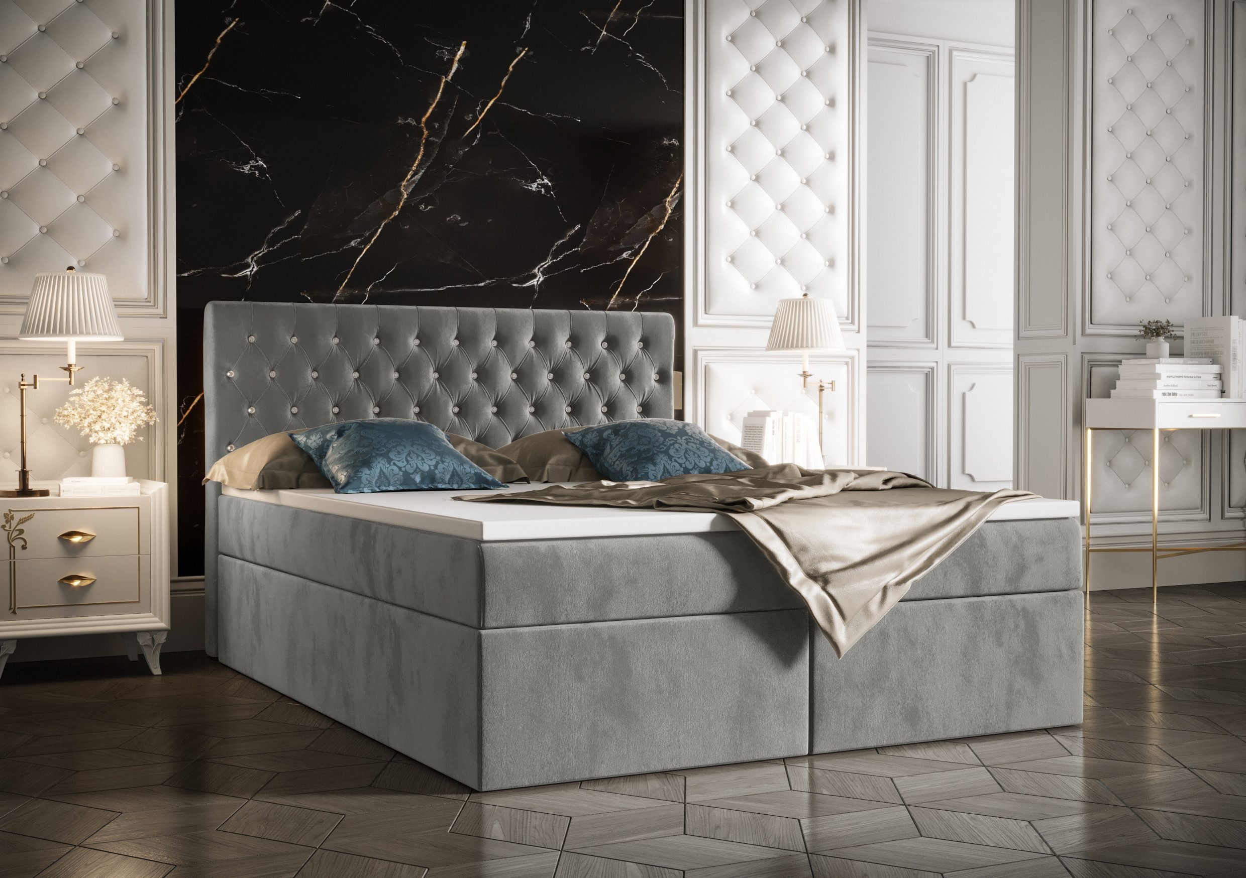 B&B Home Boxspringbett Boxbett Monett 160 cm 180 cm (H3 Matratze Bonellfederung, Kopfteil, Bettkasten und Topper)