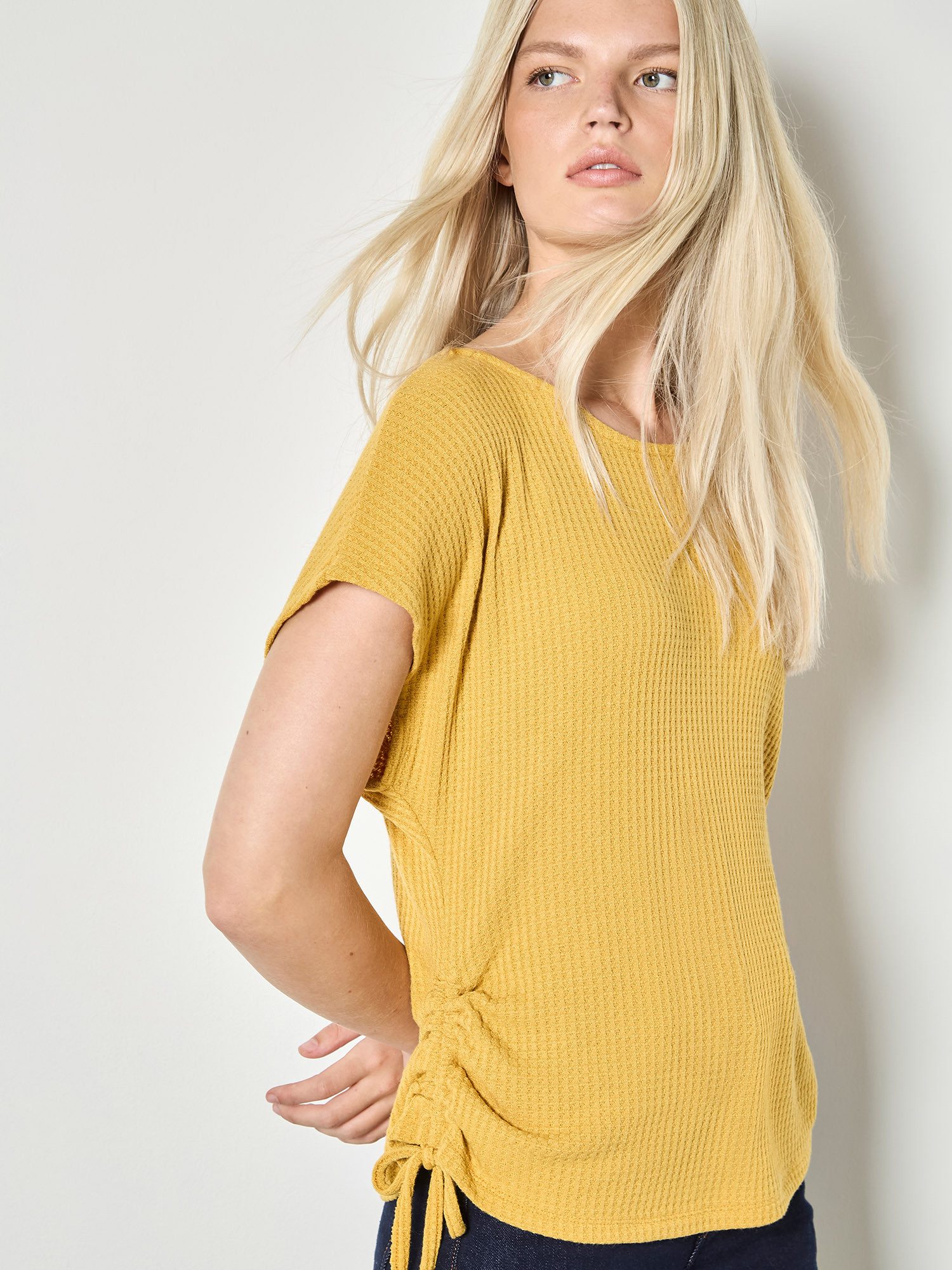 Apricot T-Shirt Waffelgestricktes gerafftes T-Shirt Einfarbig günstig online kaufen