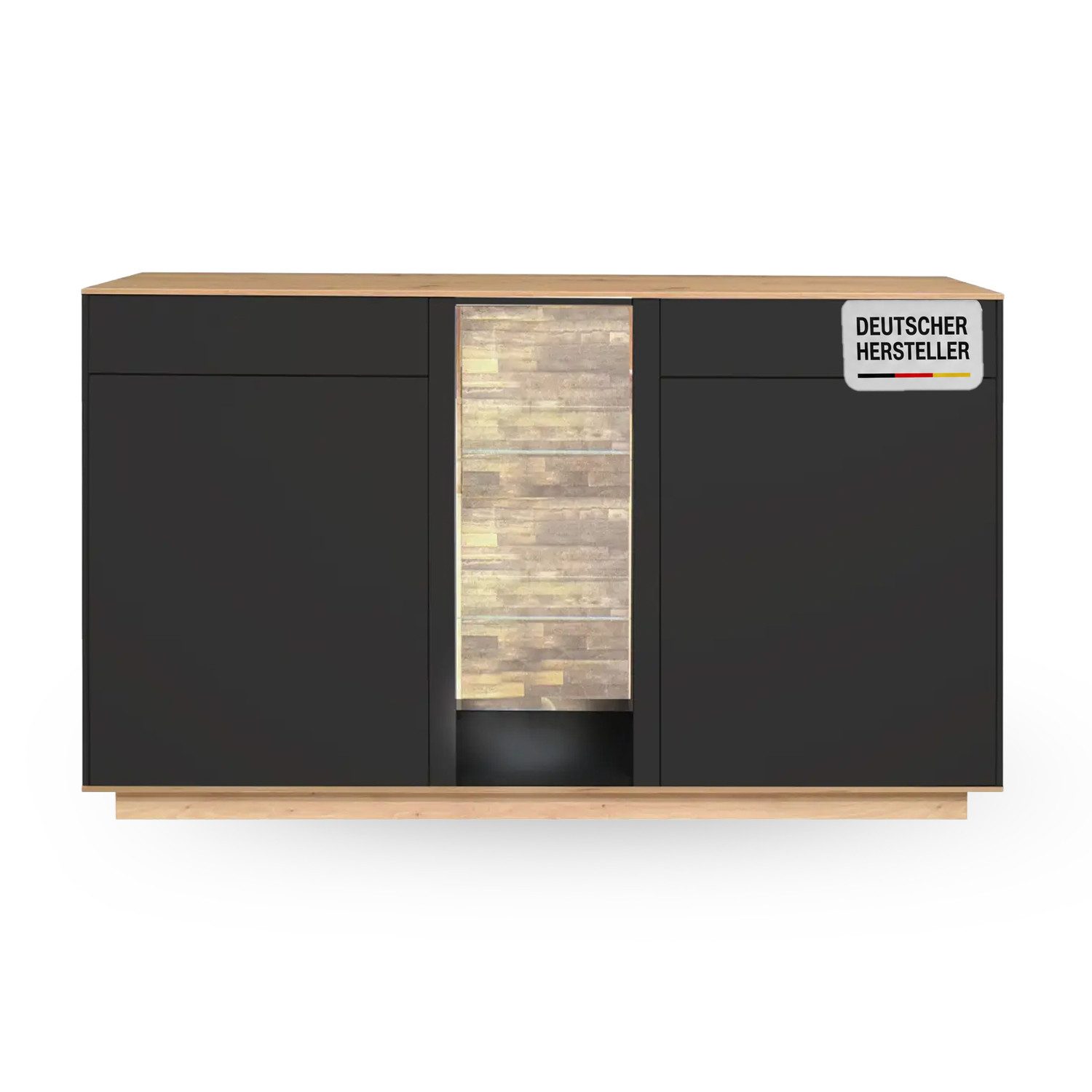 Storado Sideboard Faro Sockel 159×96×42cm, Sideboard mit Schublade, Farbe wählbar, LED-Beleuchtung, Push-to-open und gedämpfte Türen