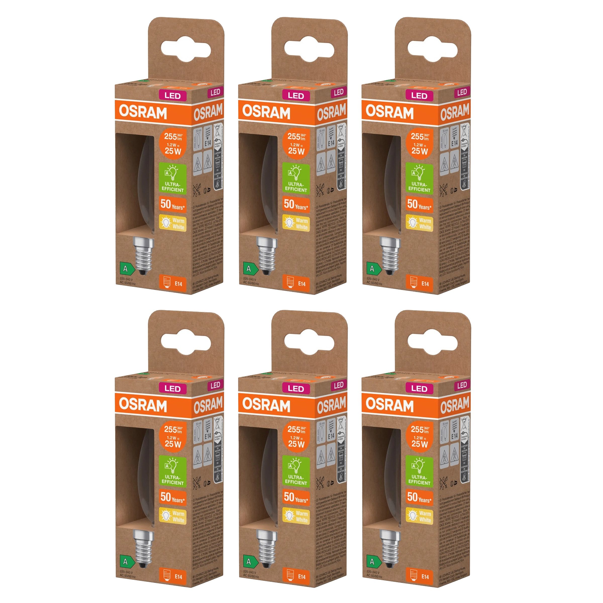 Osram LED-Leuchtmittel Osram LED Classic B E14 Filament 1,2W/827 230V – 6er-Pack Warmweiß, 6 St.