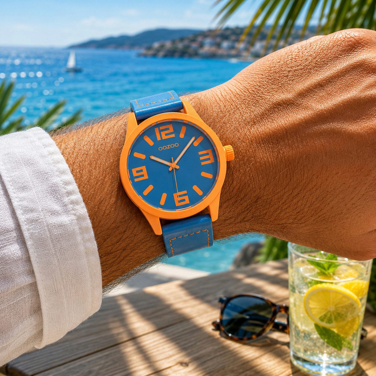 OOZOO Quarzuhr XXL Unisex Uhr C0911 Orange Blau 46 mm Lederband