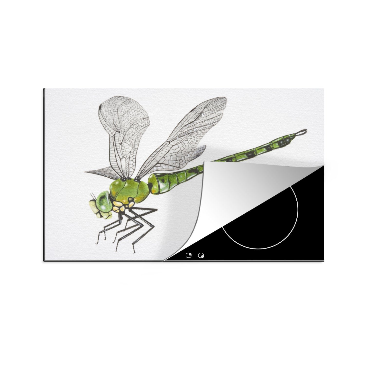 MuchoWow Herdblende-/Abdeckplatte Eine Illustration einer grünen Libelle auf einem weißen Hintergrund, Vinyl, (1 tlg), 81x52 cm, Induktionskochfeld Schutz für die küche, Ceranfeldabdeckung