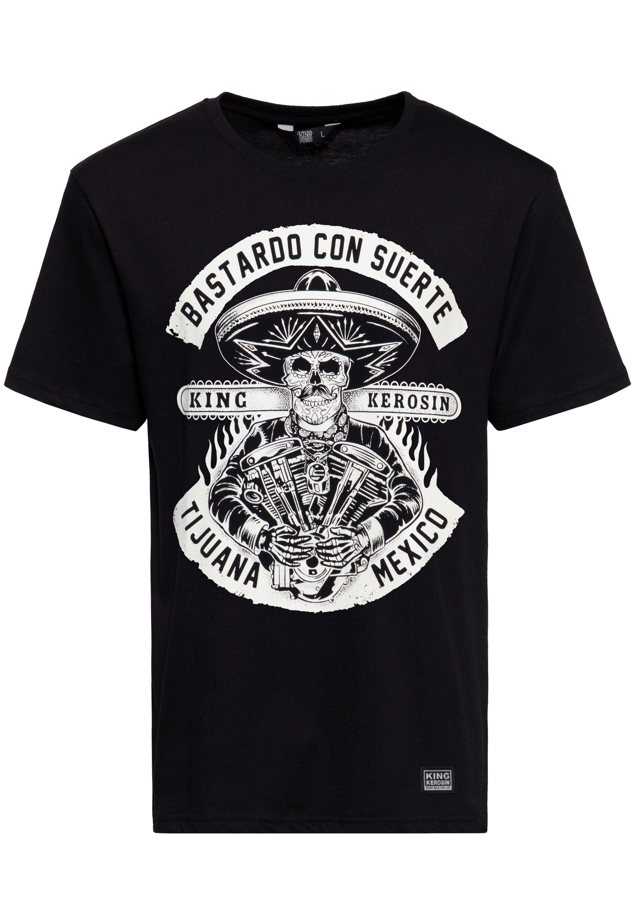 KingKerosin Print-Shirt Bastardo Con Suerte (1-tlg) mit Mexican Calavera Artwork