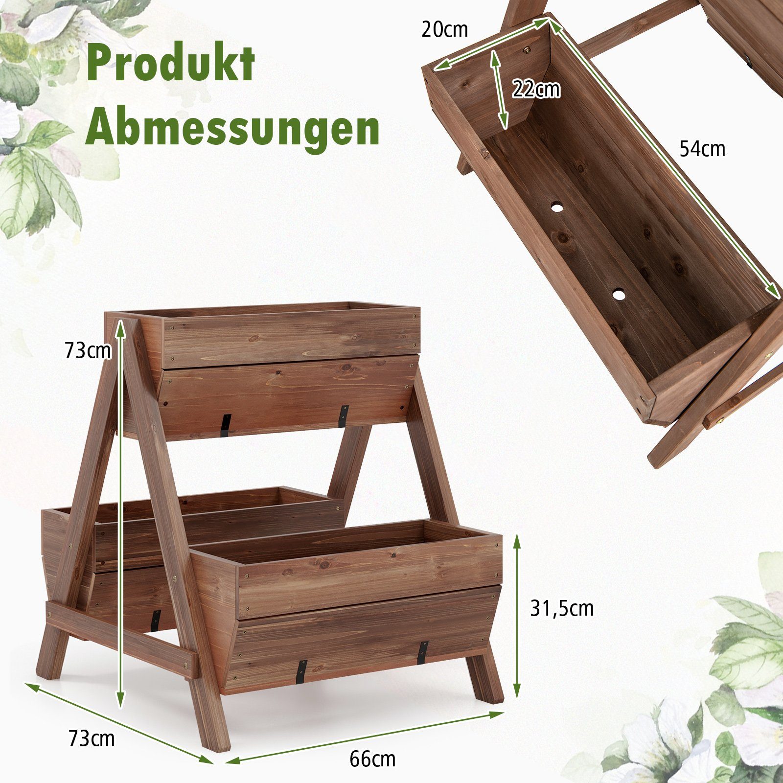 COSTWAY Hochbeet (1 St), 2 Etagen, mit 3 Pflanzkästen, 66x73x73 cm