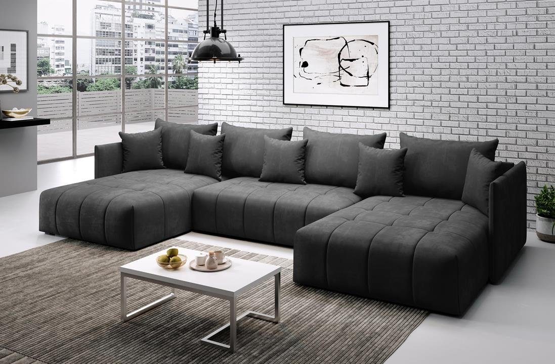 Furnix Ecksofa U-Form-Sofa ASVIL mit Schlaffunktion und Bettkasten, Farbauswahl, B353 x H80 x T180 cm, Made in Europe Grau EN25 | Ecksofas