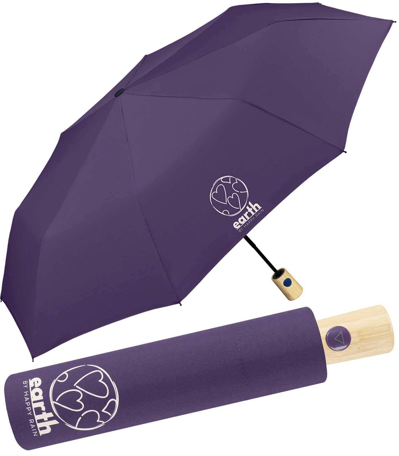 HAPPY RAIN Taschenregenschirm Earth - nachhaltiger Schirm mit Auf-Automatik, gut geschützt etwas für die Umwelt tun violett