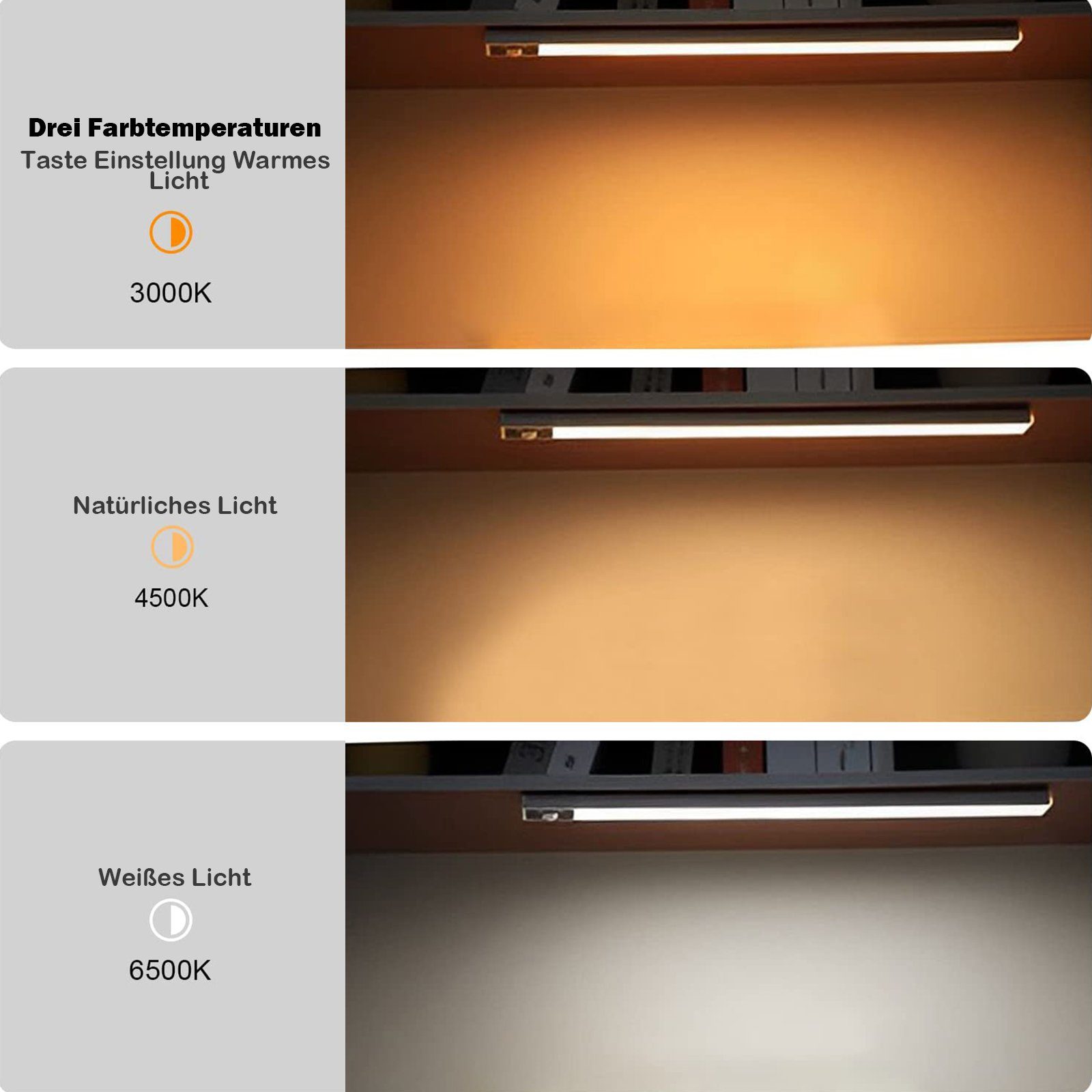 (4500K) Licht Wiederaufladbar, (6500K), weißes Deko für Treppe Licht natürliches Warmes und Rosnek LED Farben, (3000K), Dimmbar, Lichtleiste Küchenschrank, USB, 3 Licht Bewegungssensor,