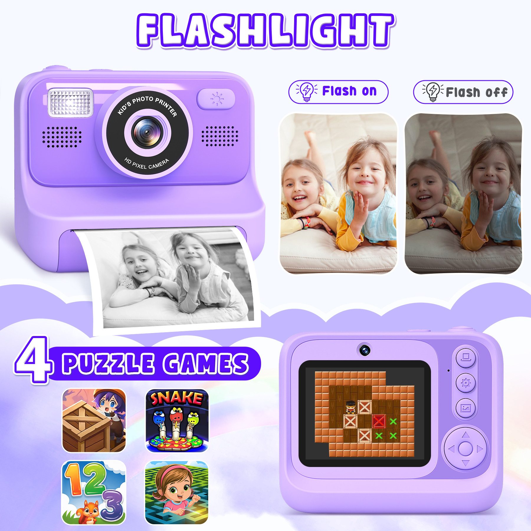 POPOLIC 1080P Kinderkamera - Selfie Digitalkamera Kinder mit 32GB Sofortbildkamera (inkl. Lila, Geburtstagsgeschenk Spielzeug ab 3-11 Jahre Mädchen Jungen) – Bild 5 von 5