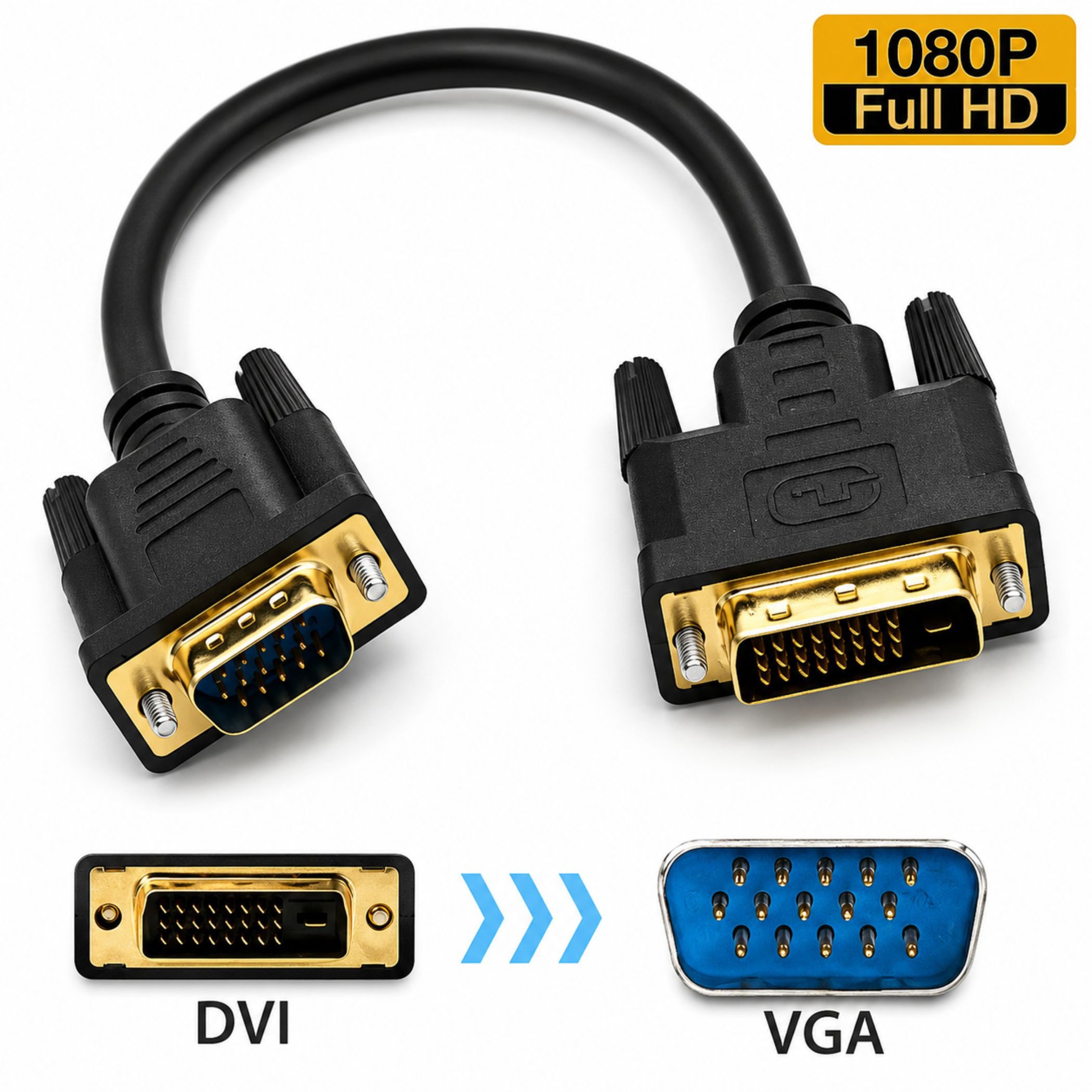 Bolwins O33 DVI-D VGA Adapterkabel 25cm 24+1 Stecker M/M, PC/Monitor HDTV/DVD Computer-Kabel, DVI-D 24+1 Pin Stecker, VGA 15-pol Stecker (25 cm), 25cm Kabel, 1080p Support, Plug&Play, robust verarbeitet