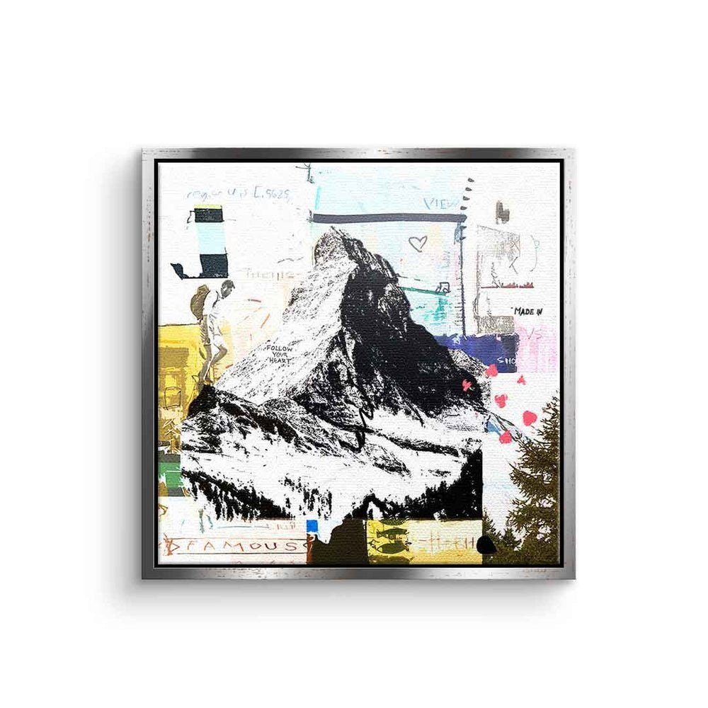DOTCOMCANVAS® Leinwandbild, Leinwandbild Matterhorn Pop Art Collage mit premium Rahmen silberner Rahmen