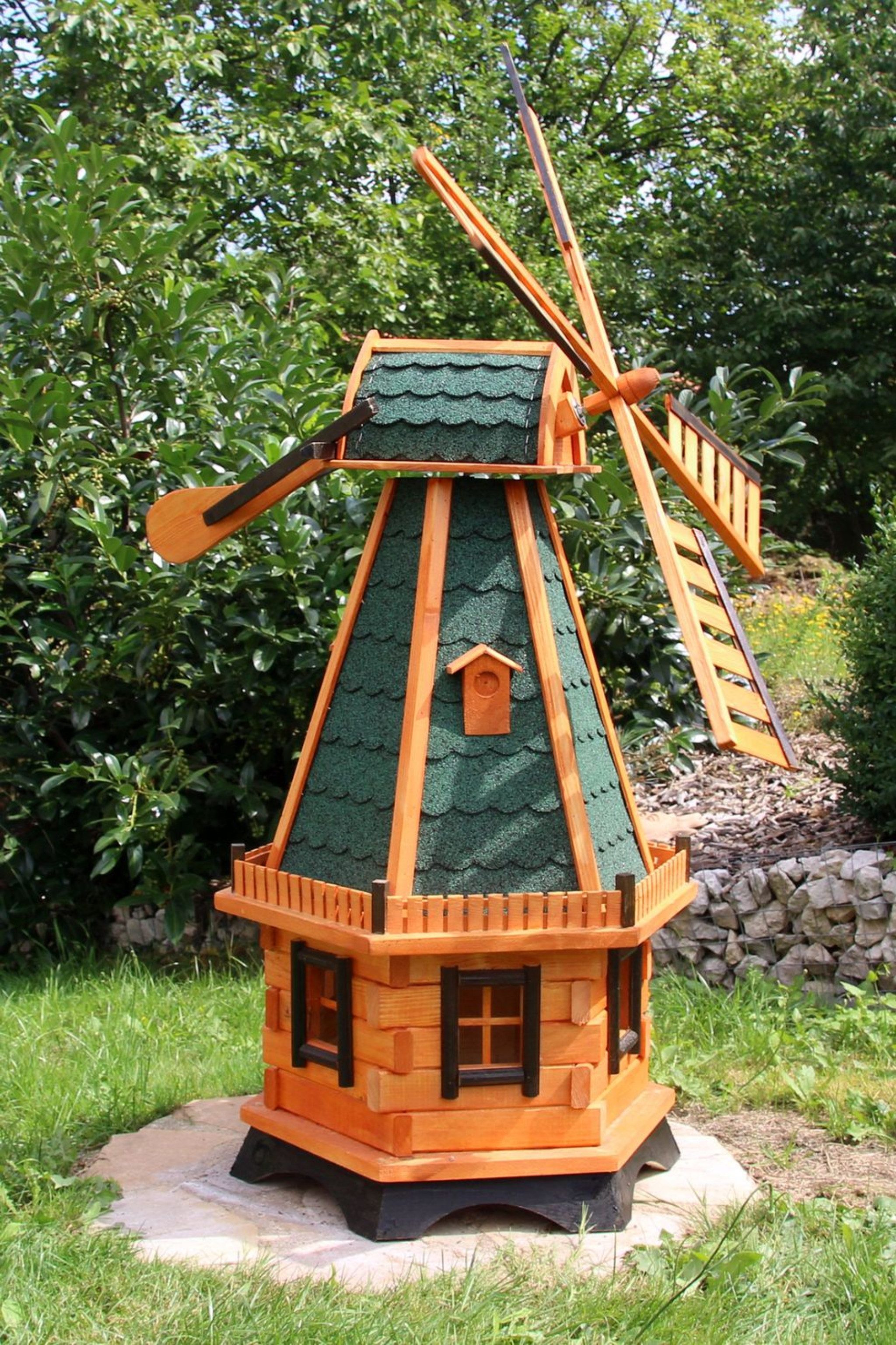 Holzdekoladen Deko-Windrad 6-eckige Gartenwindmühle aus Holz mit weißen Solarlicht & Flügel