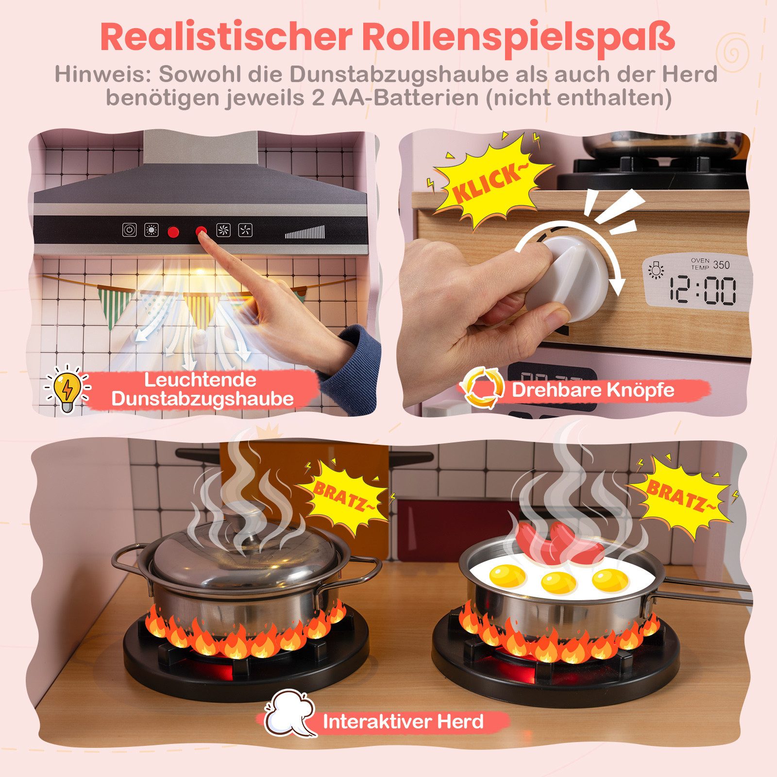COSTWAY Spielküche MDF, Doppelseitige Kinderküche mit Dunstabzugshaube & Mikrowelle