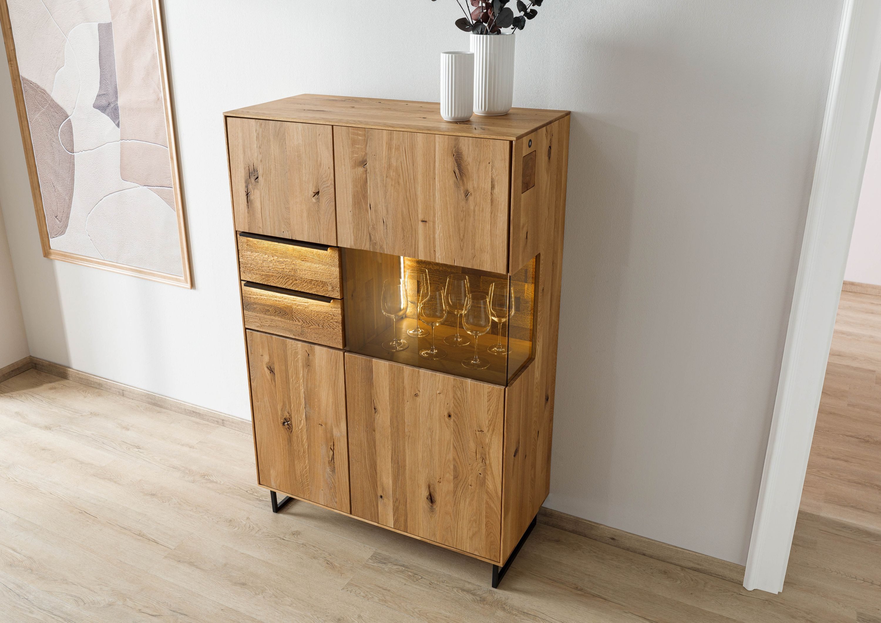 Massivmoebel24 Highboard WIEN (Massivholz), Wildeiche 94x43x144 natur geölt WIEN #225
