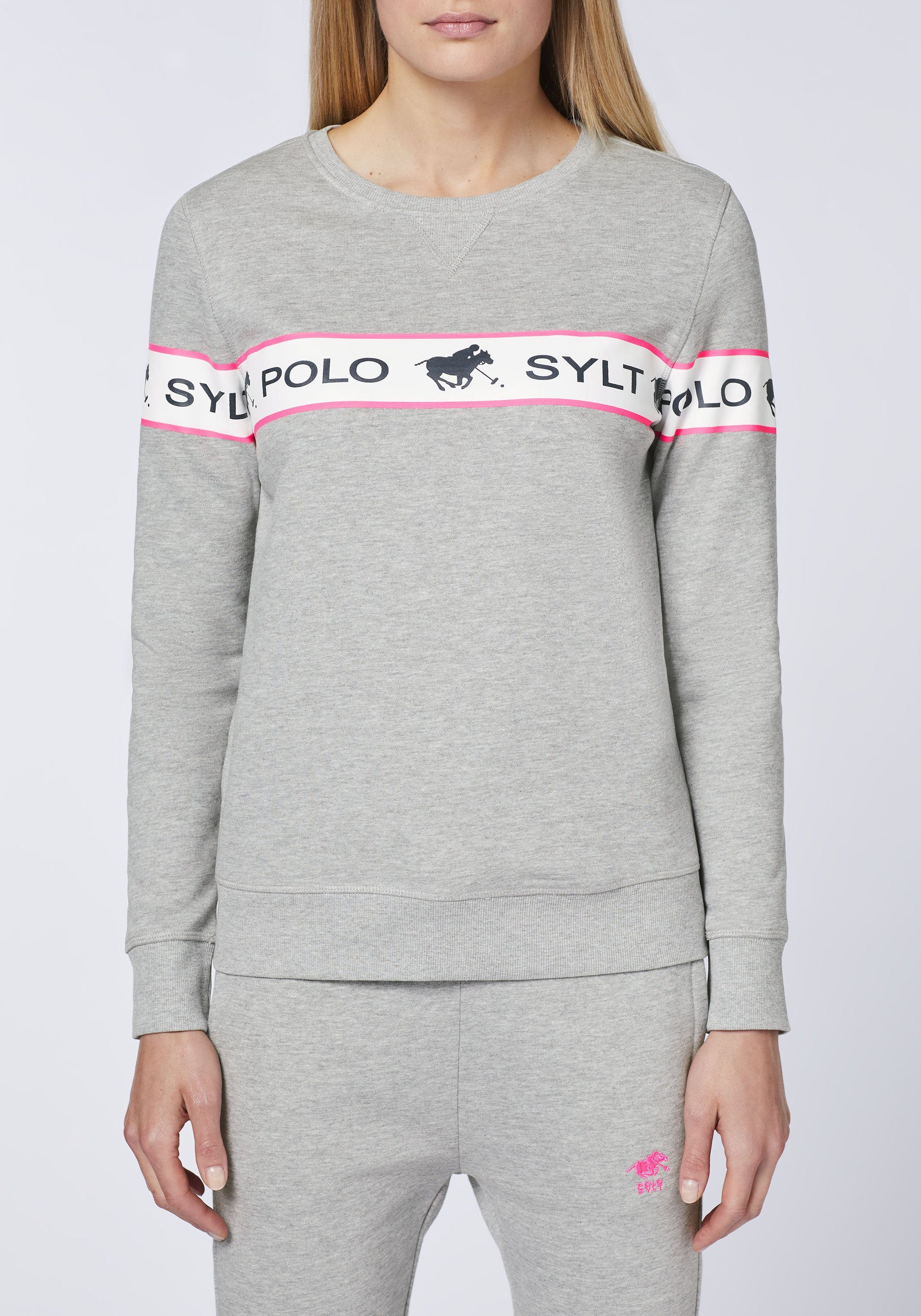 Polo Sylt Sweatshirt 17-4402M Logo-Kontraststreifen Gray eingearbeitetem Neutral mit Melange
