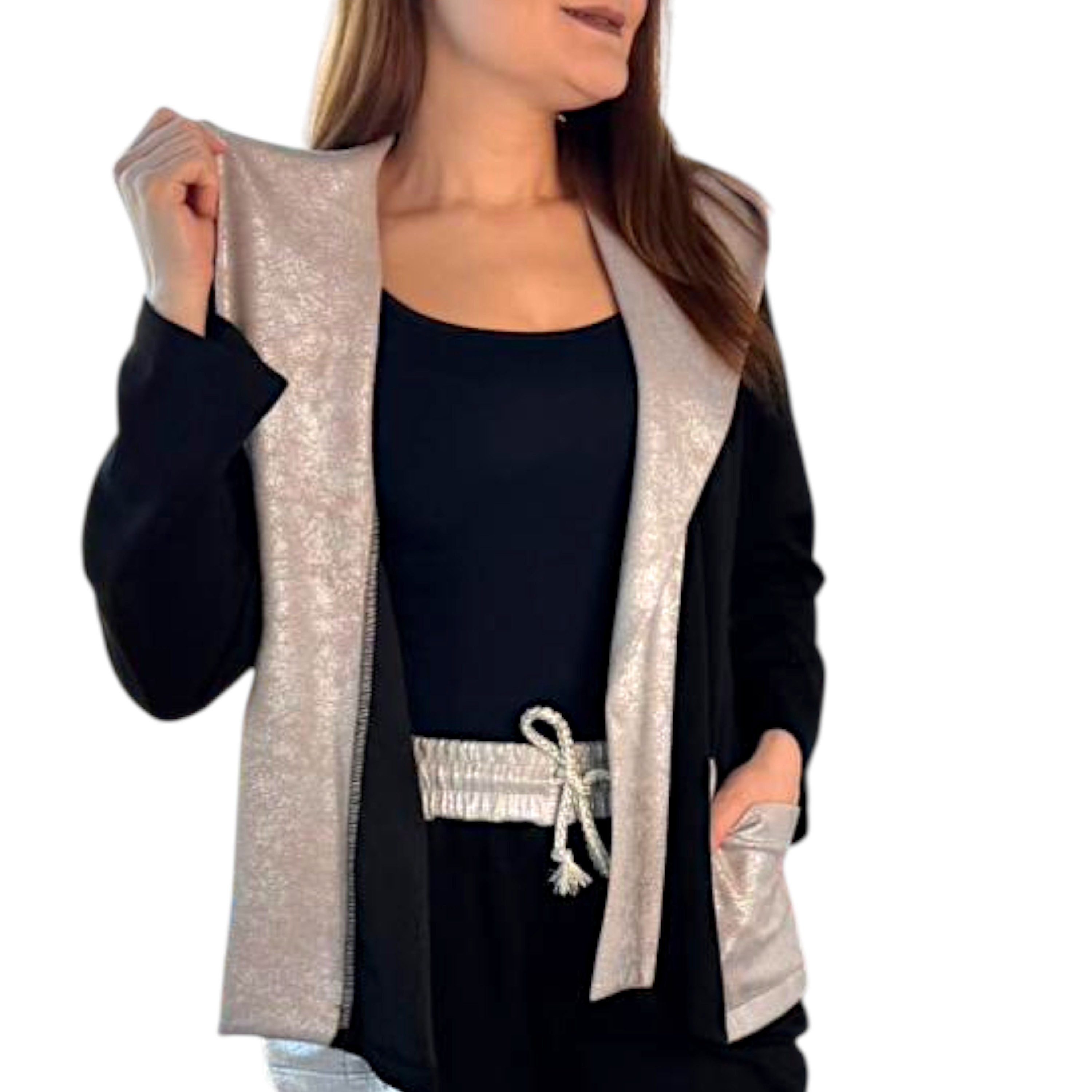 WENOR Kapuzensweatjacke Damen Oversize Jacke Schalkragen Glanz Look mit Taschen Schalkragen, Glanz Details, Oversize Schnitt