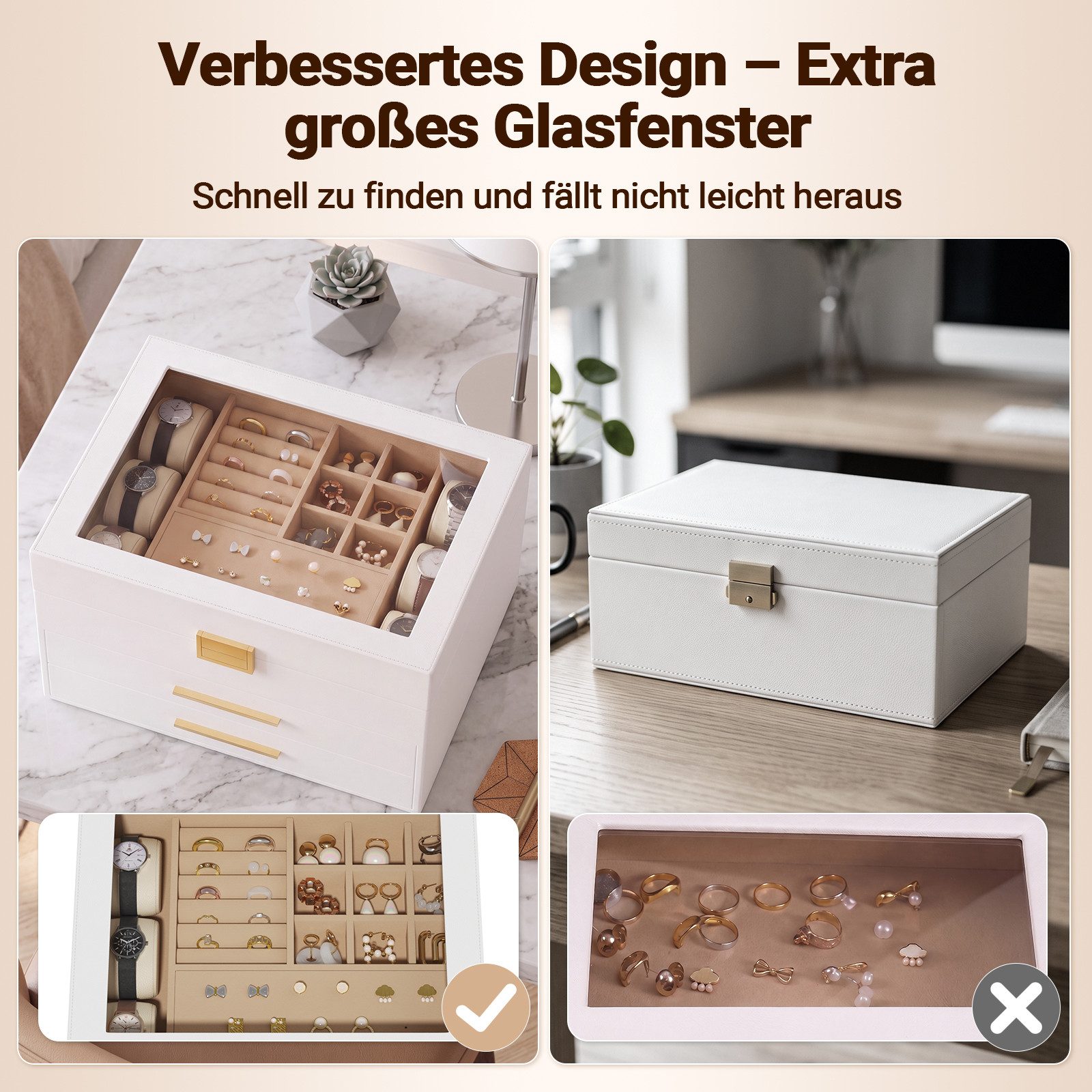Hausright Schmuckkasten 3 Ebenen Schmuckbox mit Glasdeckel, 2 Schubladen (Schmuckschatulle) – Bild 4 von 5