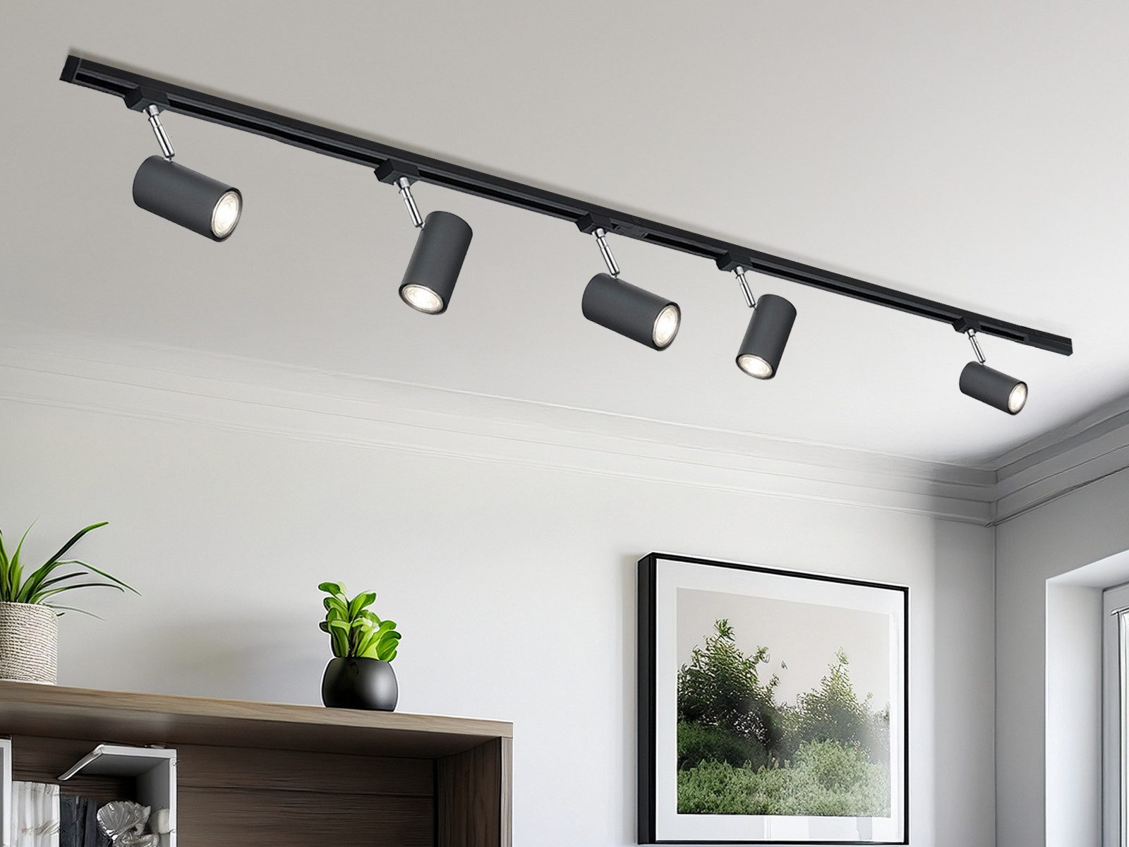 TRIO Leuchten Schienensystem-Sets komplett mit 5 Strahlern, Länge 202,5cm, ohne Leuchtmittel, 2-Phasen Lichtschienensystem für Wand & Decke, Deckenleuchte lang  – Bild 5 von 5