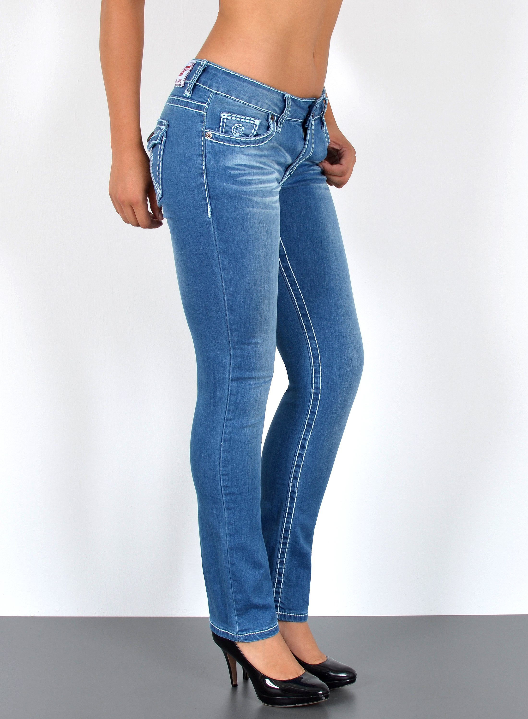 ESRA Straight-Jeans Straight Jeans Damen Jeans Hose weiße Naht Kontrastnaht bis Übergröße High Waist Jeans Damen Hose Stretch mit dicker Naht bis Plus Size