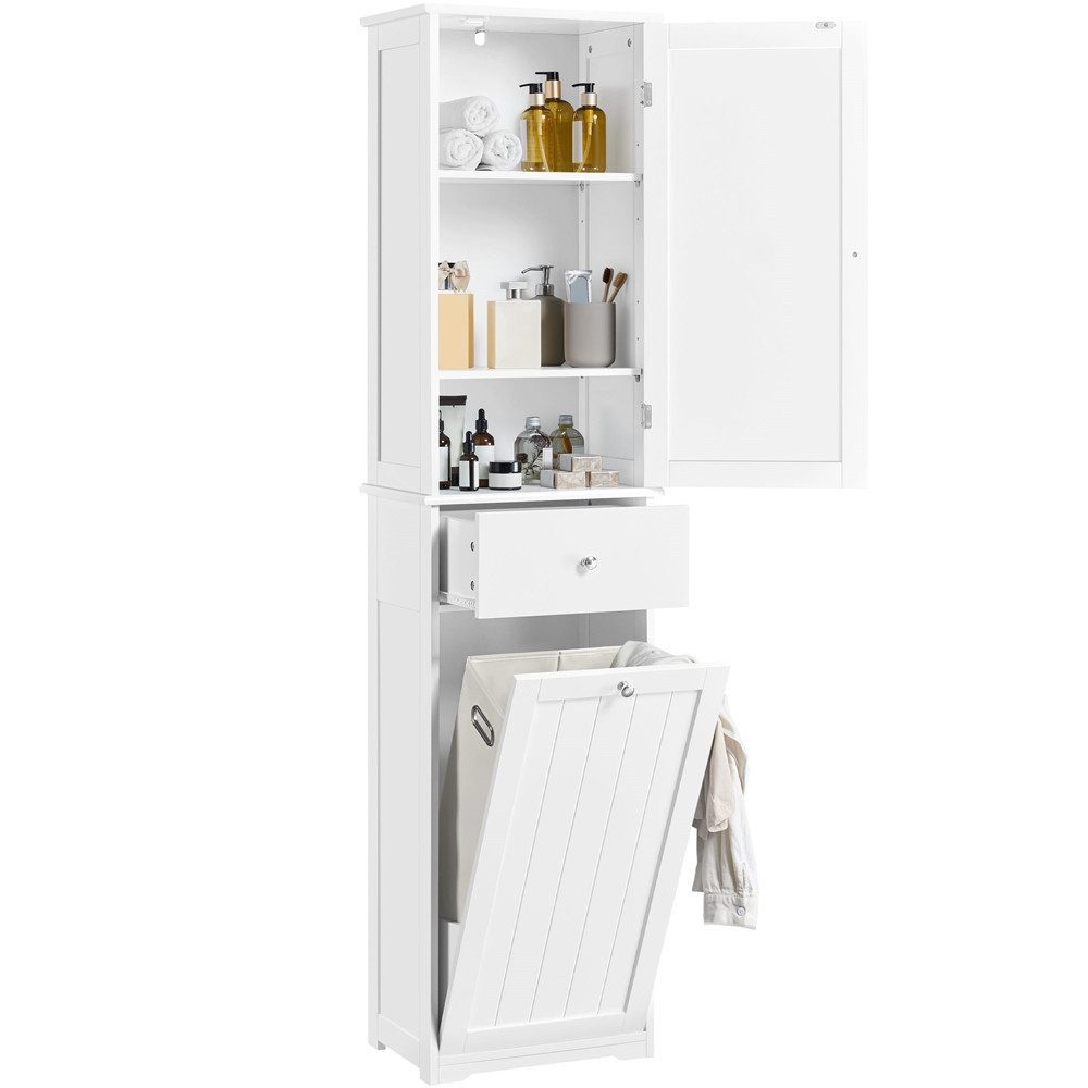 Yaheetech Hochschrank Badezimmerschrank mit Wäschekorb Schmaler Badschrank Badkommode Standregal, Einlegeböden verstellbar