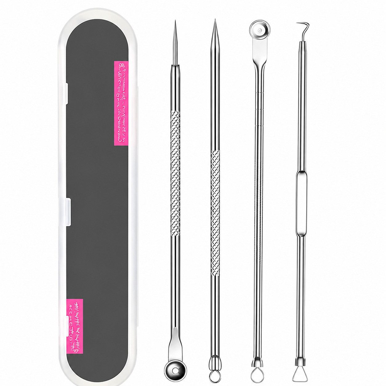 COOL-i ® Mitesserentferner Mitesserentferner Set 4-tlg.,mit Aufbewahrungsbox, Komedonenwerkzeuge aus verchromtem Kohlenstoffstahl