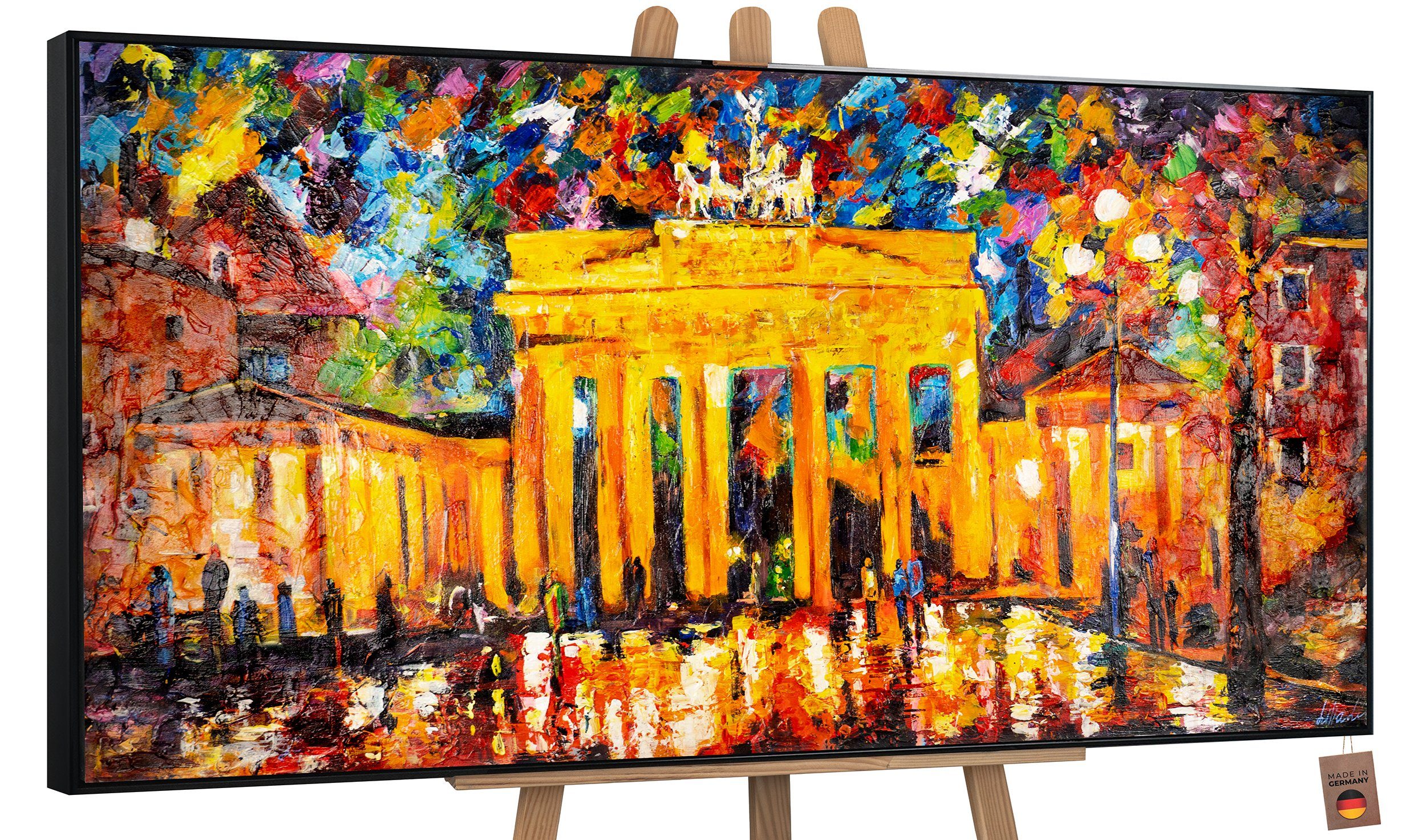YS-Art Gemälde Brandenburger Tor, Architektur, Leinwand Bild Handgemalt Berlin bei Nacht Orange Rot Mit Rahmen in Schwarz