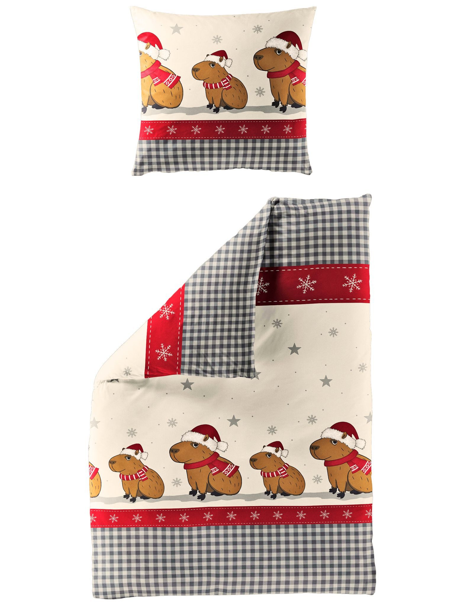 JACK Bettwäsche 135x200cm Sterne Weihnachten Rot Creme Capybara, Biber, 2 teilig, mit süßen Weihnachtsmützen
