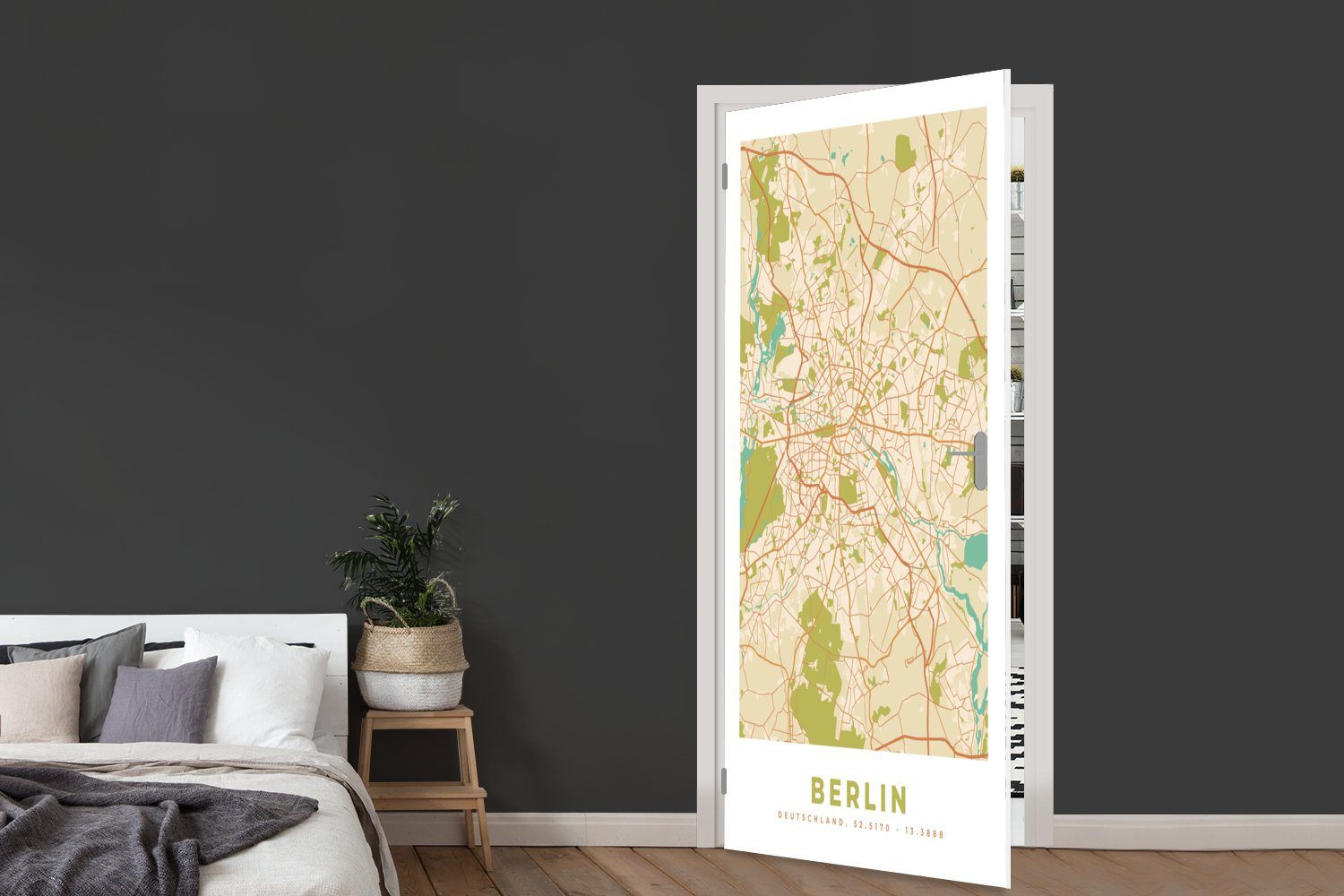 - Stadtplan - cm MuchoWow Berlin - (1 bedruckt, St), Vintage Matt, Tür, Karte, 75x205 für Türtapete Türaufkleber, Fototapete