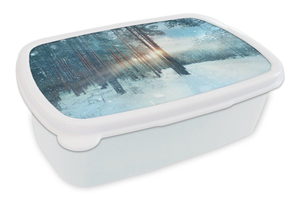 MuchoWow Lunchbox Winter - Sonne - Schnee - Wald, Kunststoff, (2-tlg), Brotbox für Kinder und Erwachsene, Brotdose, für Jungs und Mädchen weiß