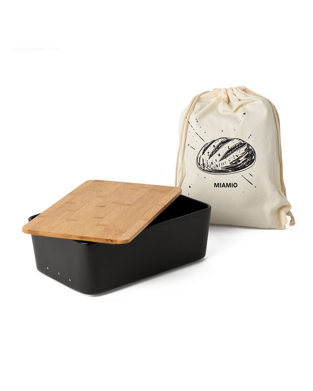MiaMio Brotkasten Brotkasten Keramik mit Bambusdeckel Schwarz, Keramik