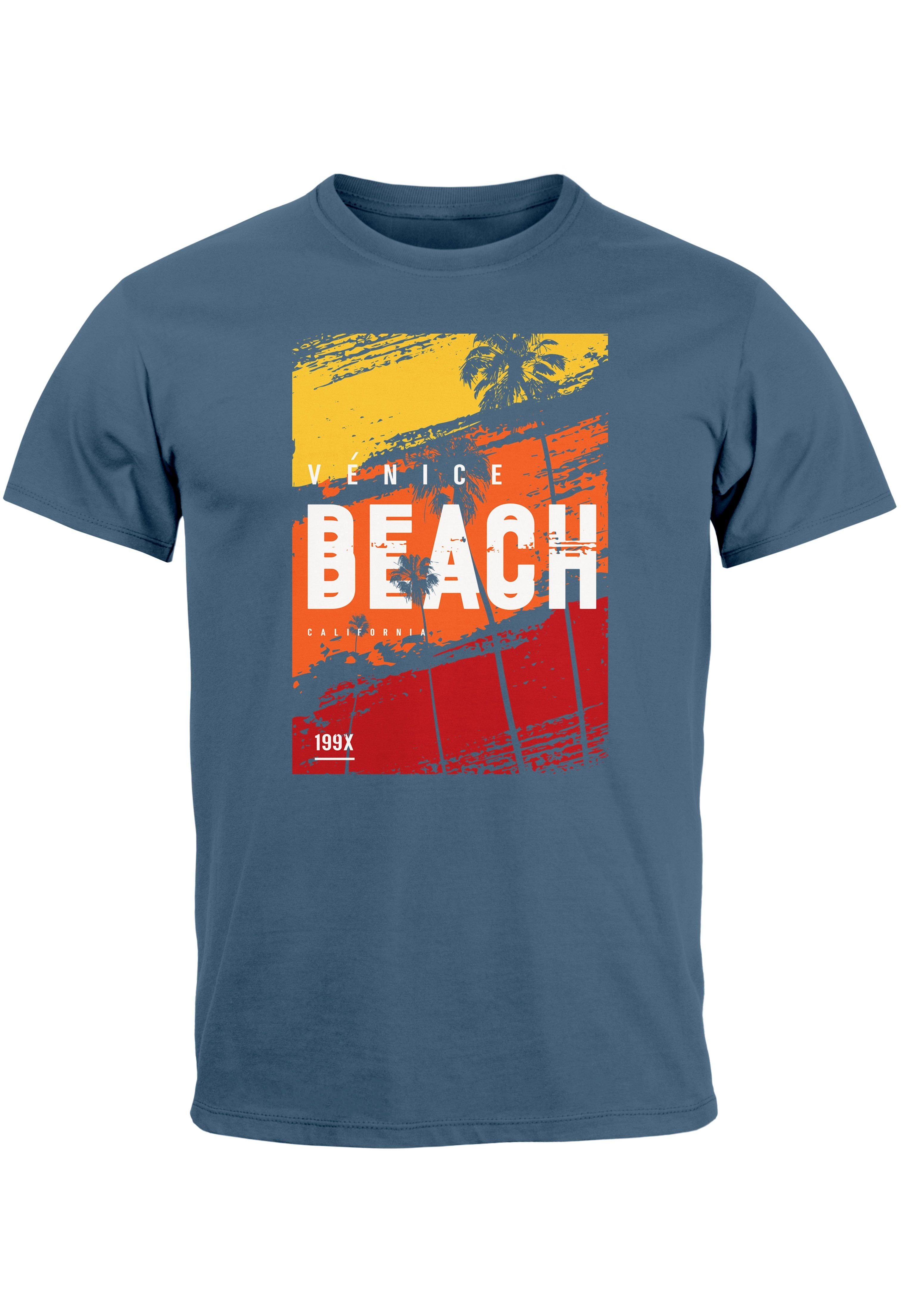 Neverless Print-Shirt Herren T-Shirt Sommer Venice Beach Surfing Motiv Aufdruck Strand Palme mit Print denim blue