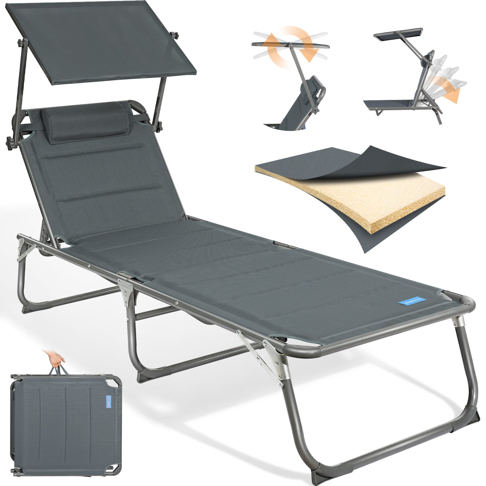 HOMECALL Gartenliege Sonnenliege AluLiege Liegestuhl Strandliege Liegen, klappbar, Textilene Mit Dickem Schwamm, Verstellbare Rückenlehne, Sonnenblende, Kopfpolster, bis 180KG