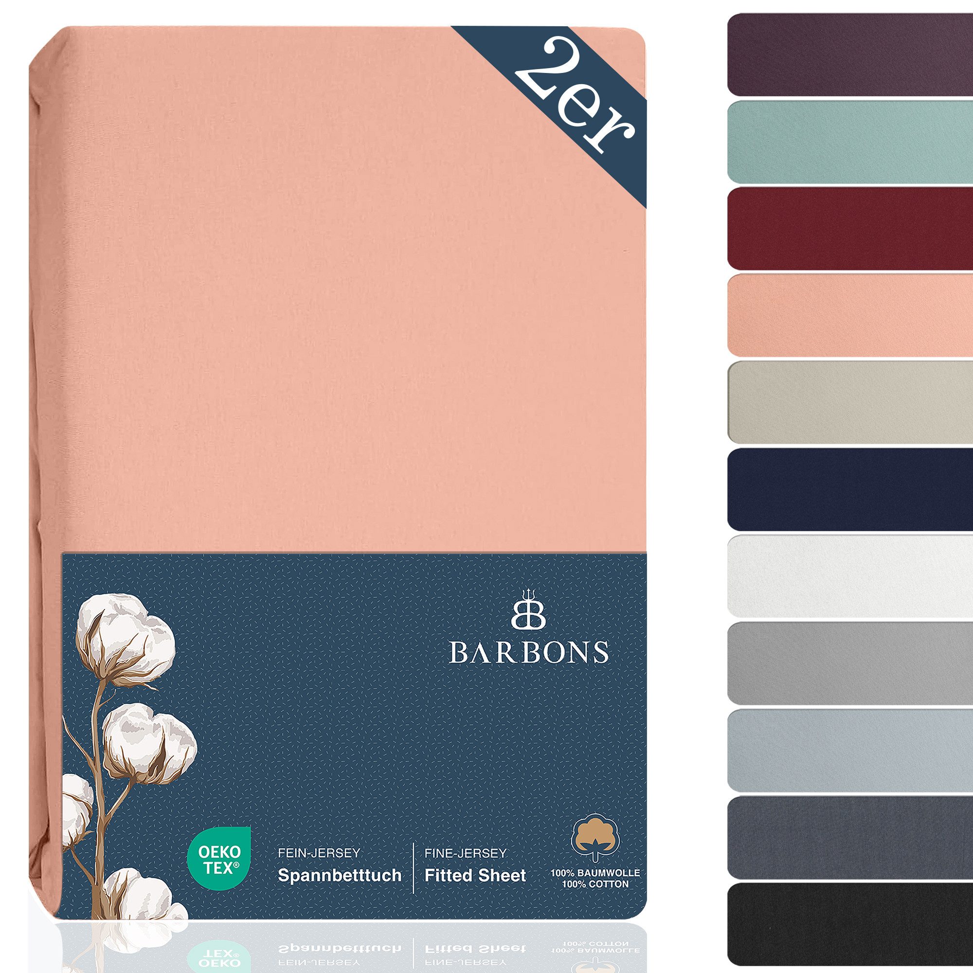 BARBONS Spannbettlaken Jersey 2er Bettlaken, 145 g/m² Spannbetttuch, bis zu 25cm Höhe, Topper, 100% Baumwolle, Gummizug: rundum, (2 Stück), Rundgummi, Atmungsaktiv