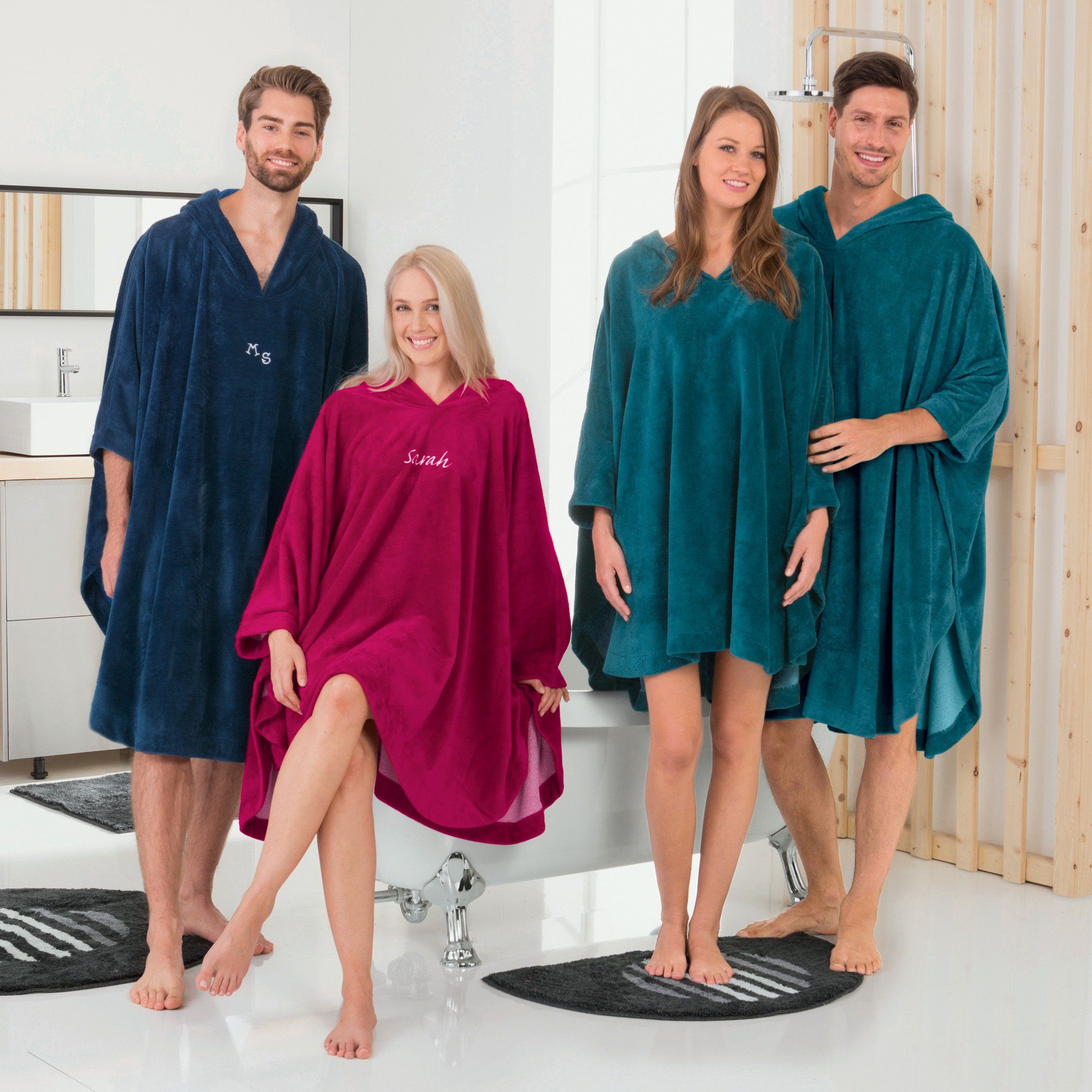 Erwin Müller Bademantel Unisex-Poncho lang Kapuze, Kurzform, default, mit Kapuze, Uni fuchsia mit Velours-Frottier, Velours