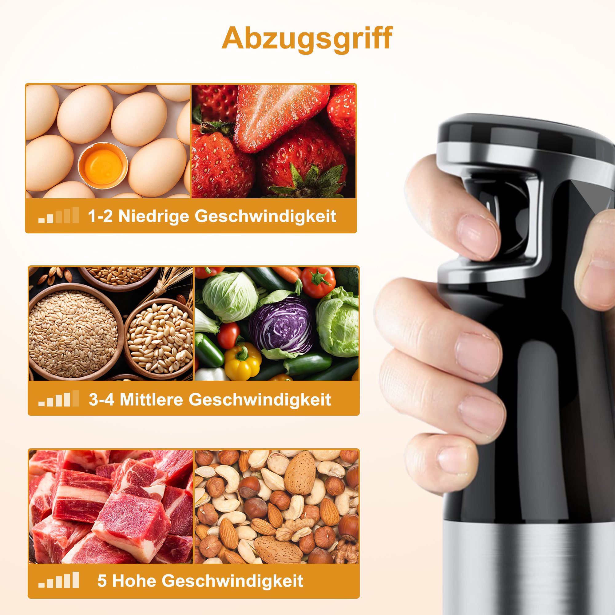 7MAGIC Stabmixer Elektrischer Stabmixer Set 5 in 1 Pürierstab Edelstahl Handmixer, 1100,00 W, Stabmixer Variable Geschwindigkeiten für Babynahrung, Suppe, Smoothie